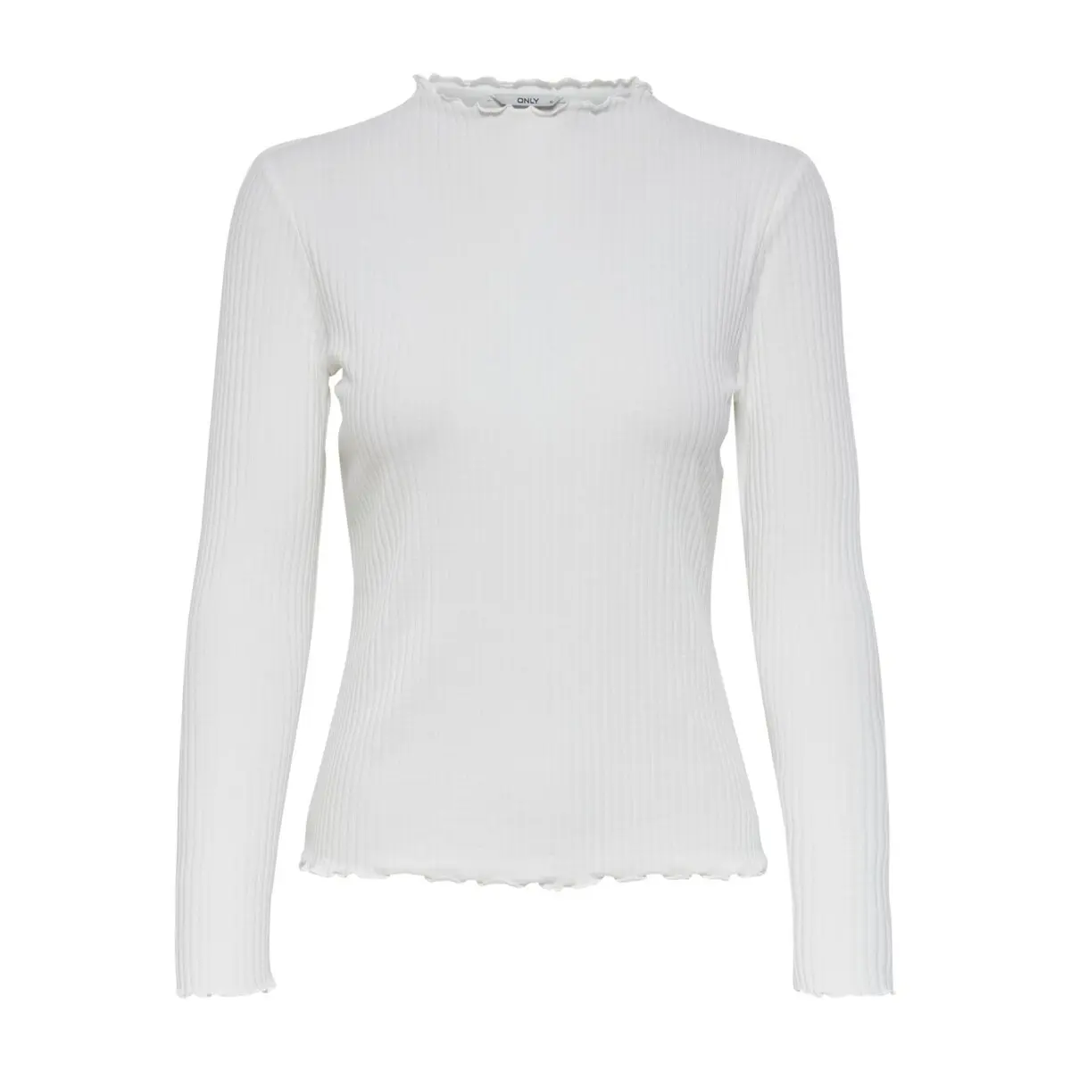 5714502154219 - - Geripptes hochgeschlossenes Oberteil in Weiß mit Wellensaum