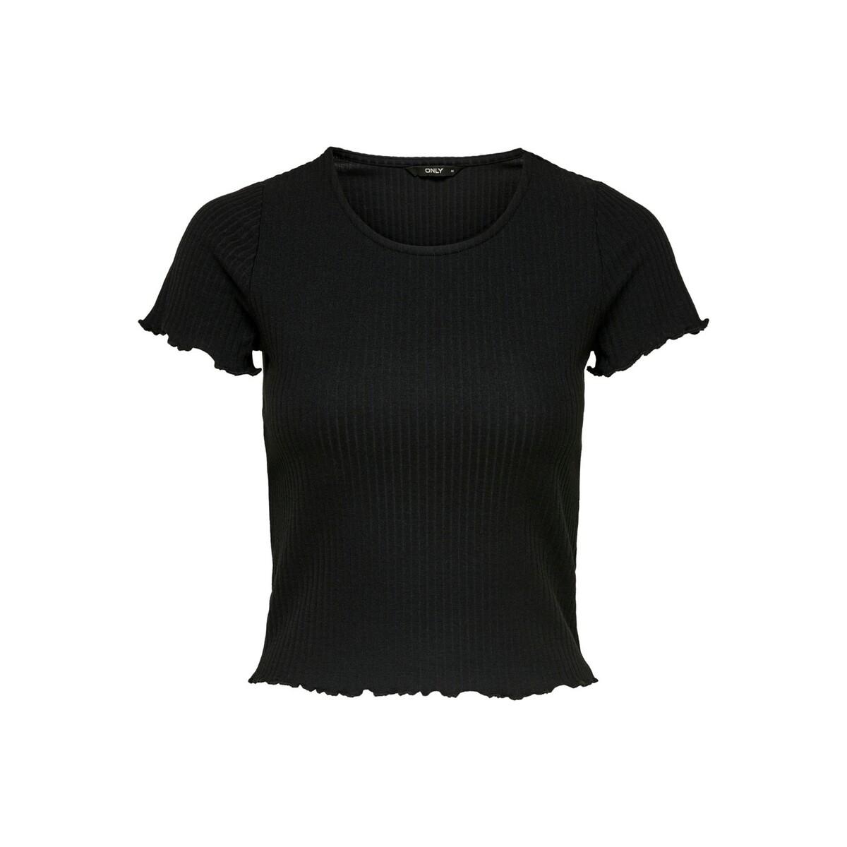 5714507447637 - - Kurz geschnittenes T-Shirt in Schwarz mit Kräuselsaum-Black