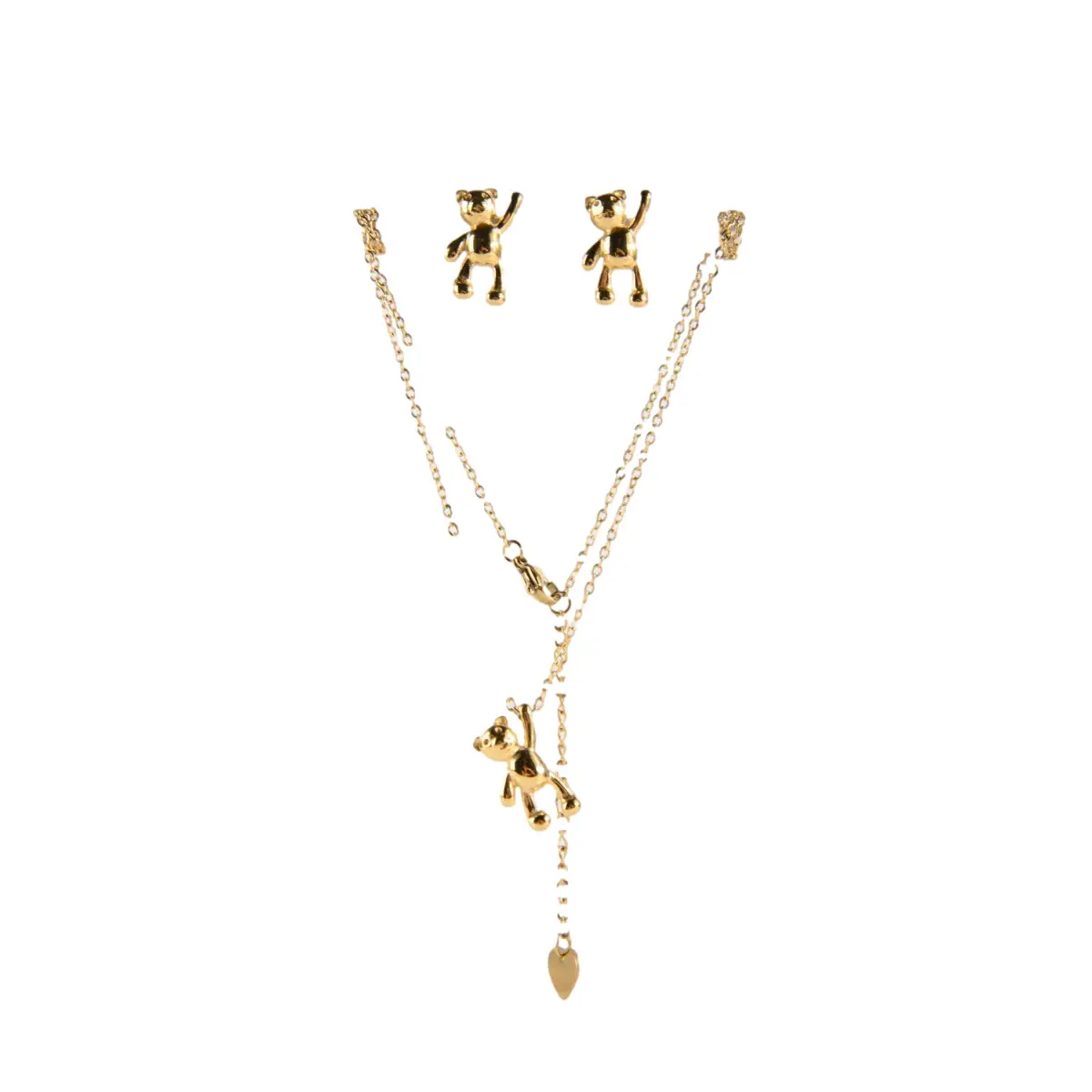 Gold Bear Pendant Necklace and Stud Earrings Set Women's 24 Colours