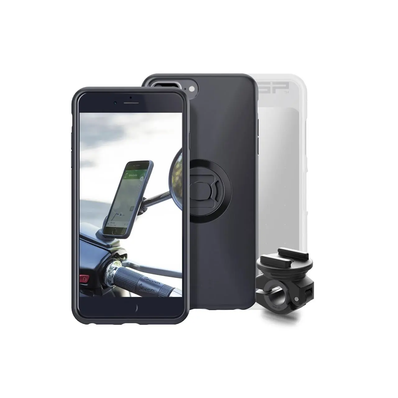 Paket Sp-Connect Moto Bundle fixé sur rétroviseur iPhone 8+/7+/6S+/6+