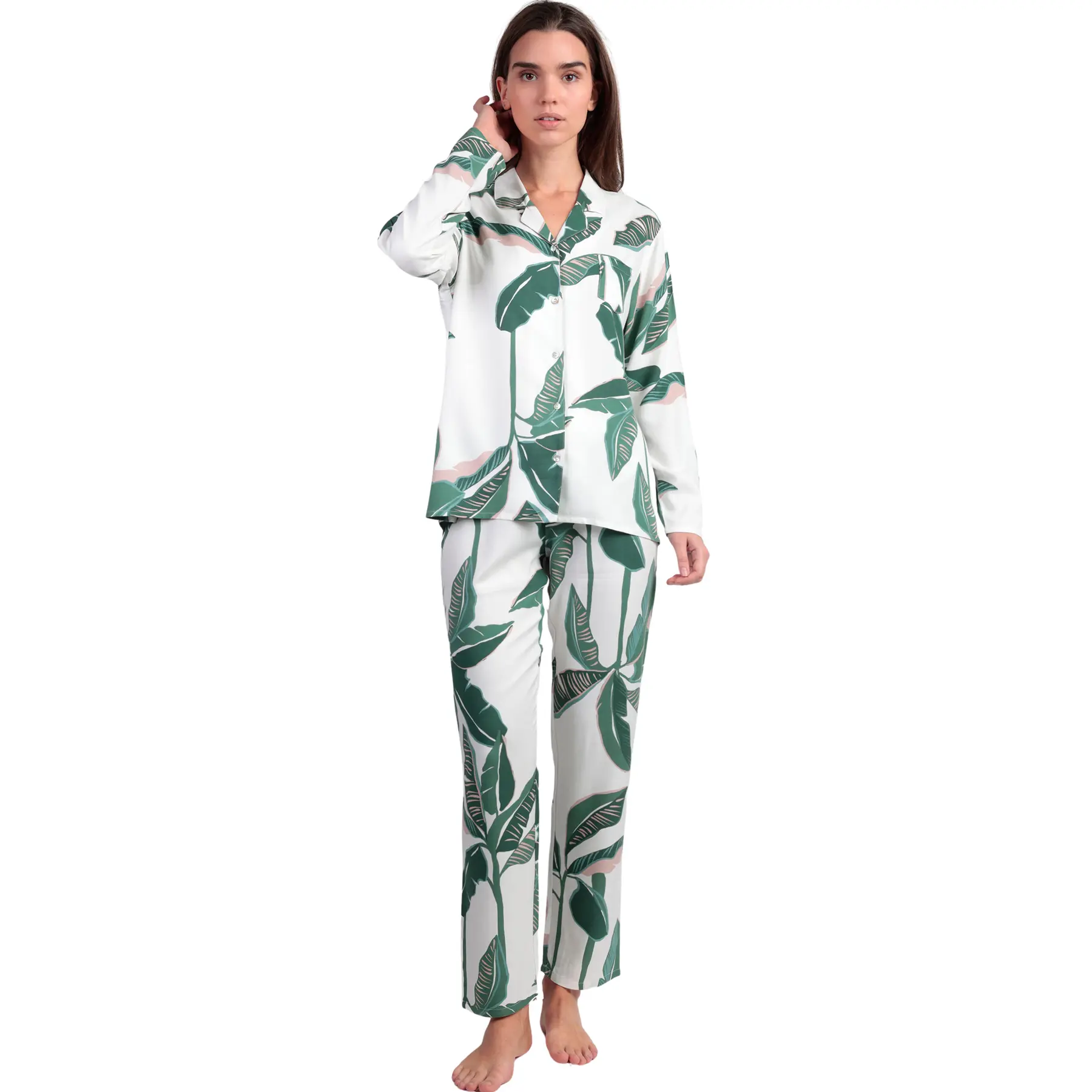 Pigiama camicia maniche lunghe e pantaloni donna  Luxury Leaves