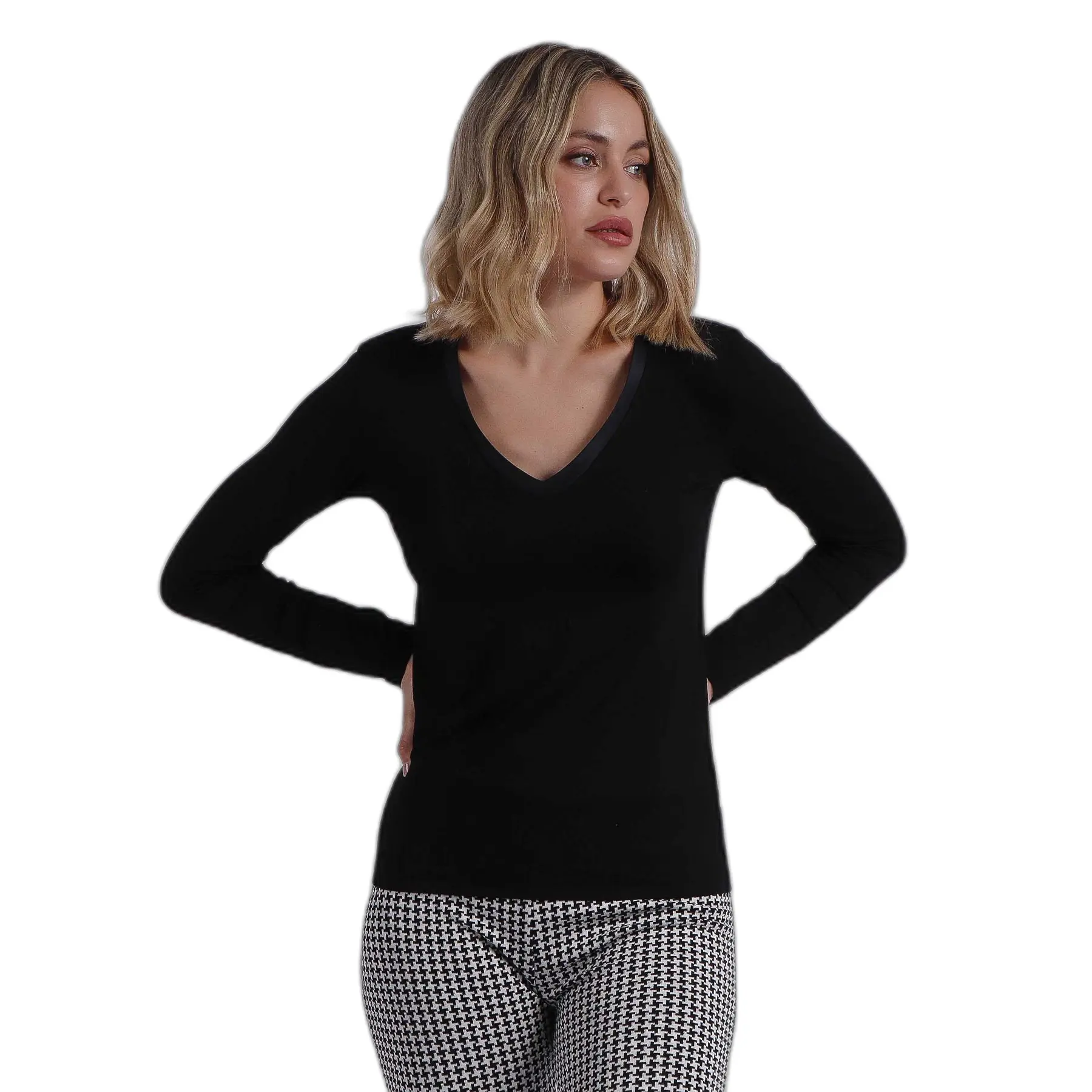 8433623721038 - Satin Langarm-T-Shirt mit V-Ausschnitt für Frauen Admas