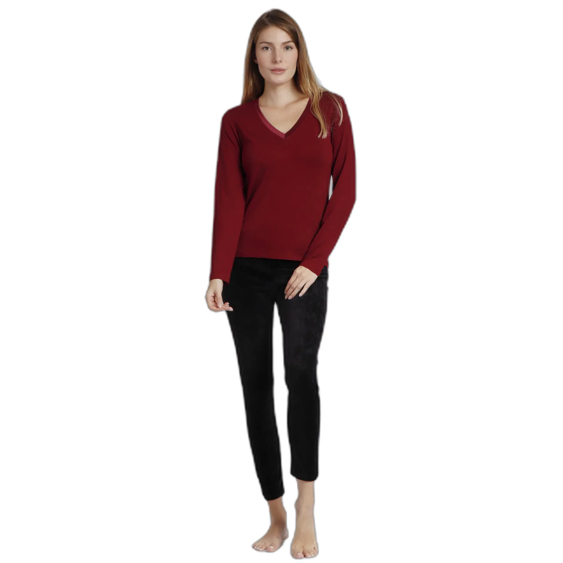 8433623721076 - Satin Langarm-T-Shirt mit V-Ausschnitt für Frauen Admas