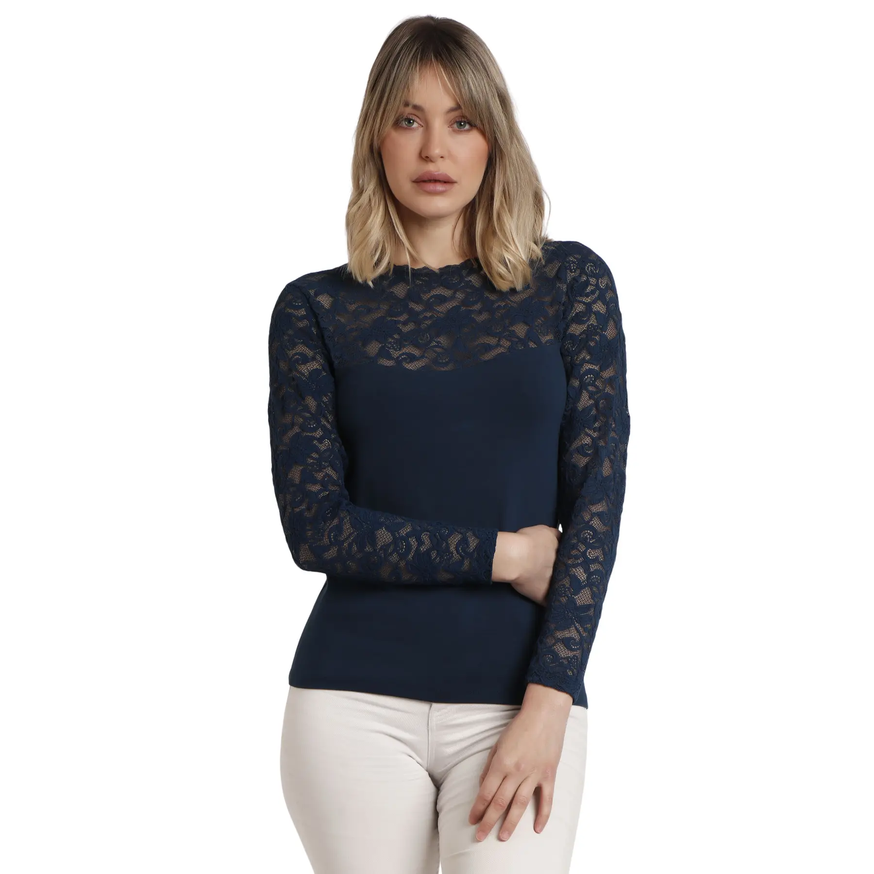 8433623818547 - Damen Langarm-T-Shirt aus Spitze Admas