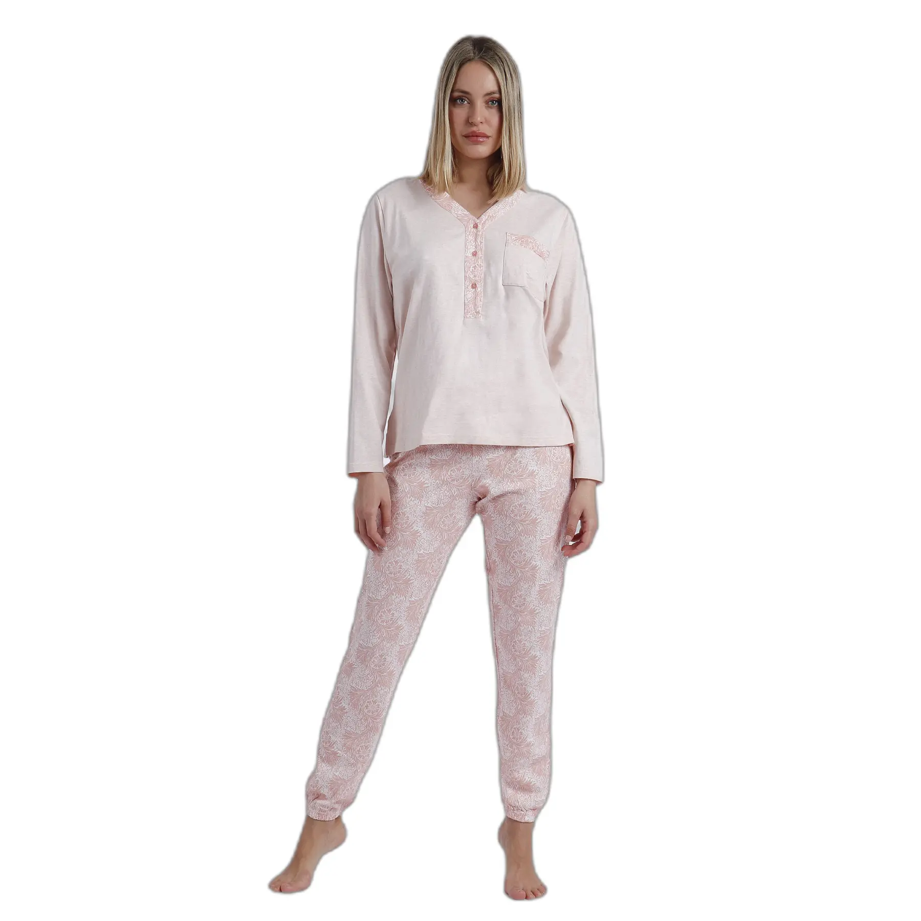8433623704277 - Damen Pyjama mit langen Ärmeln und Knopfleiste Classic Soft Coral Style