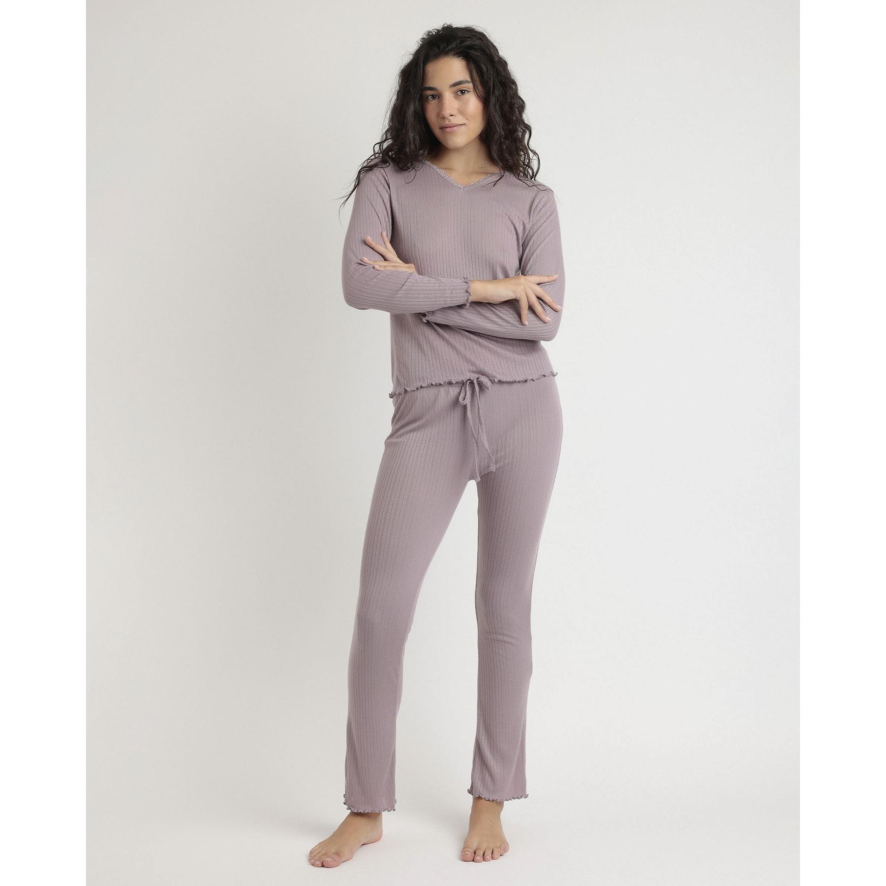 8433623787560 - Damen Langarm-Pyjama mit V-Ausschnitt und Rippstrick Soft