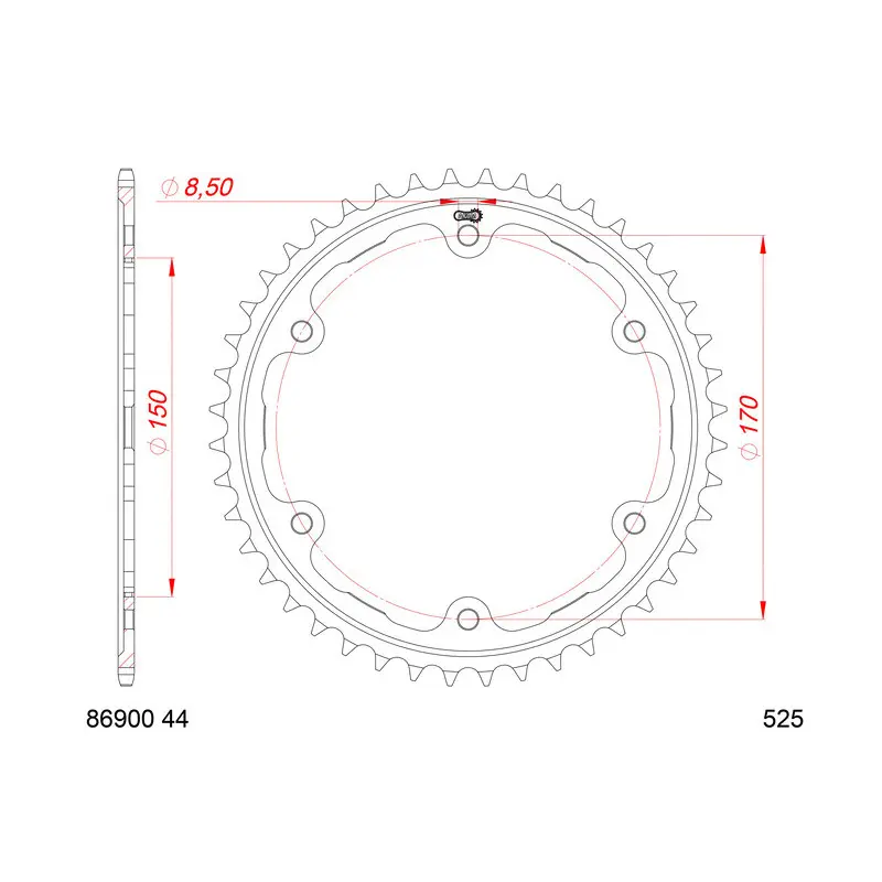 Stalen motortandwiel achteraan Afam 525 44 dents