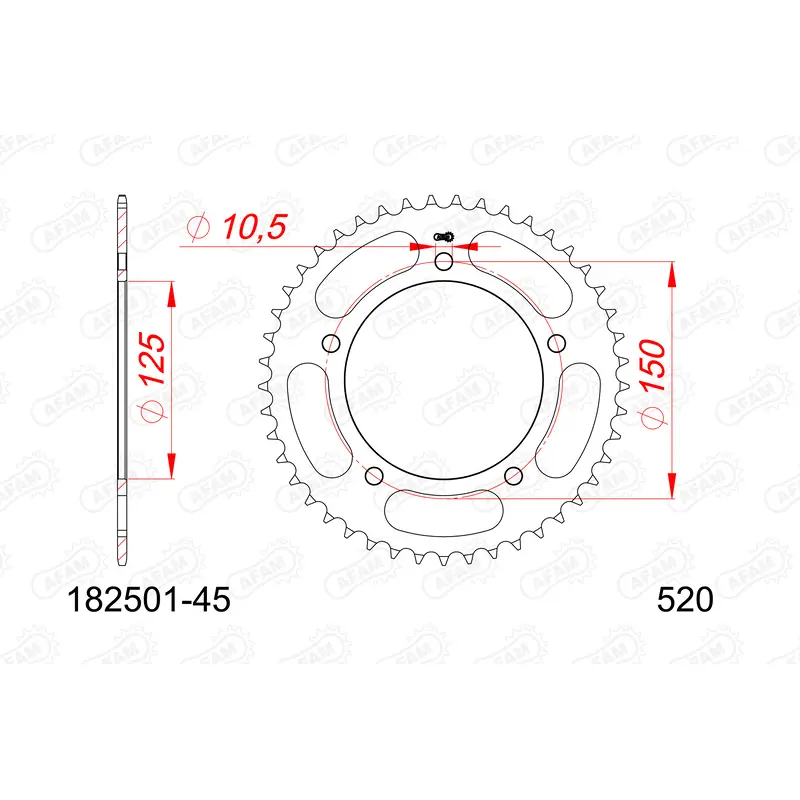 Stalen motortandwiel achteraan Afam 520 45 dents