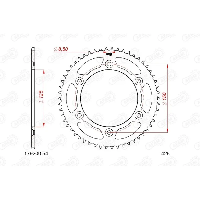 Stalen motortandwiel achteraan Afam 428 54 dents