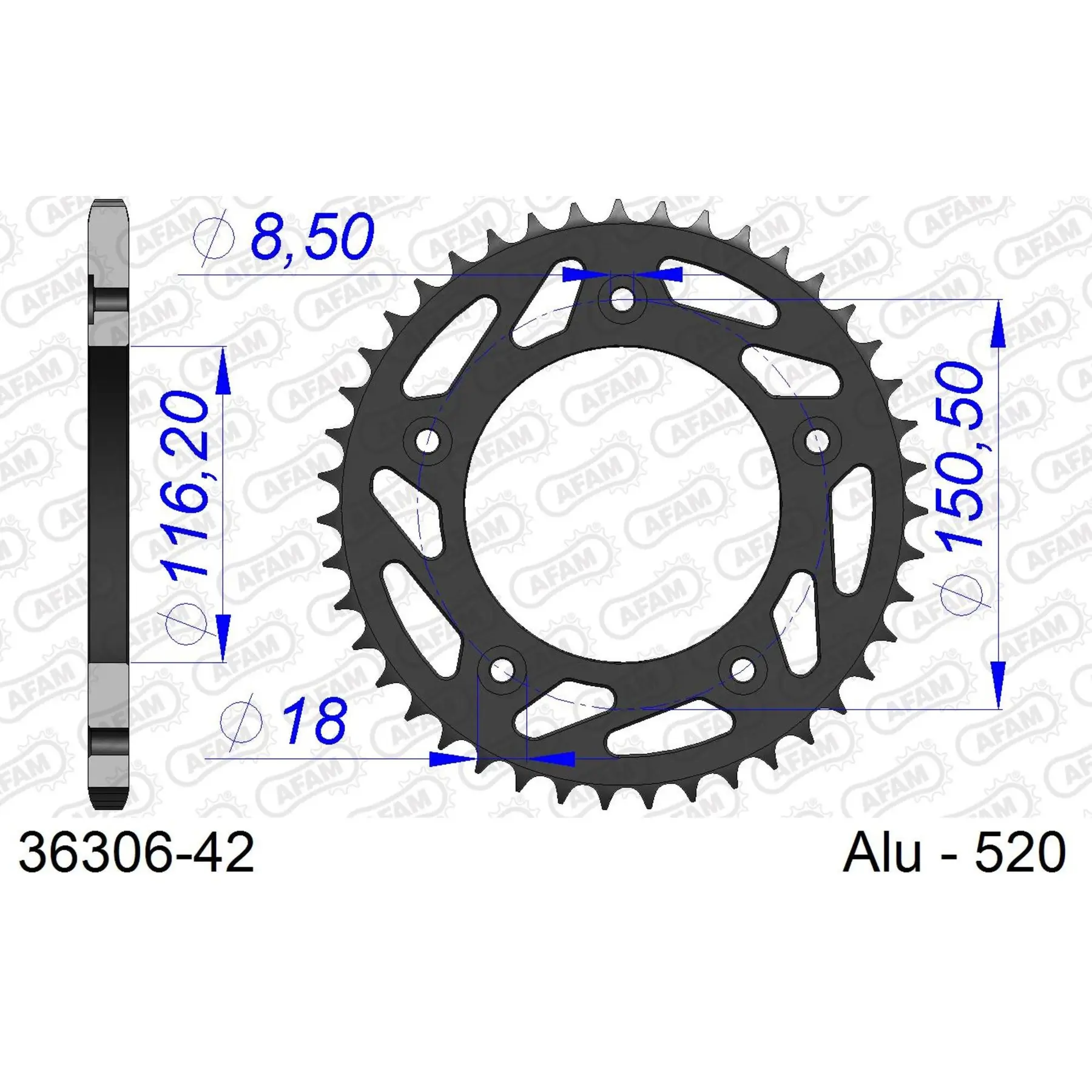 Alu-Motorradritzel hinten Afam 520 42 dents