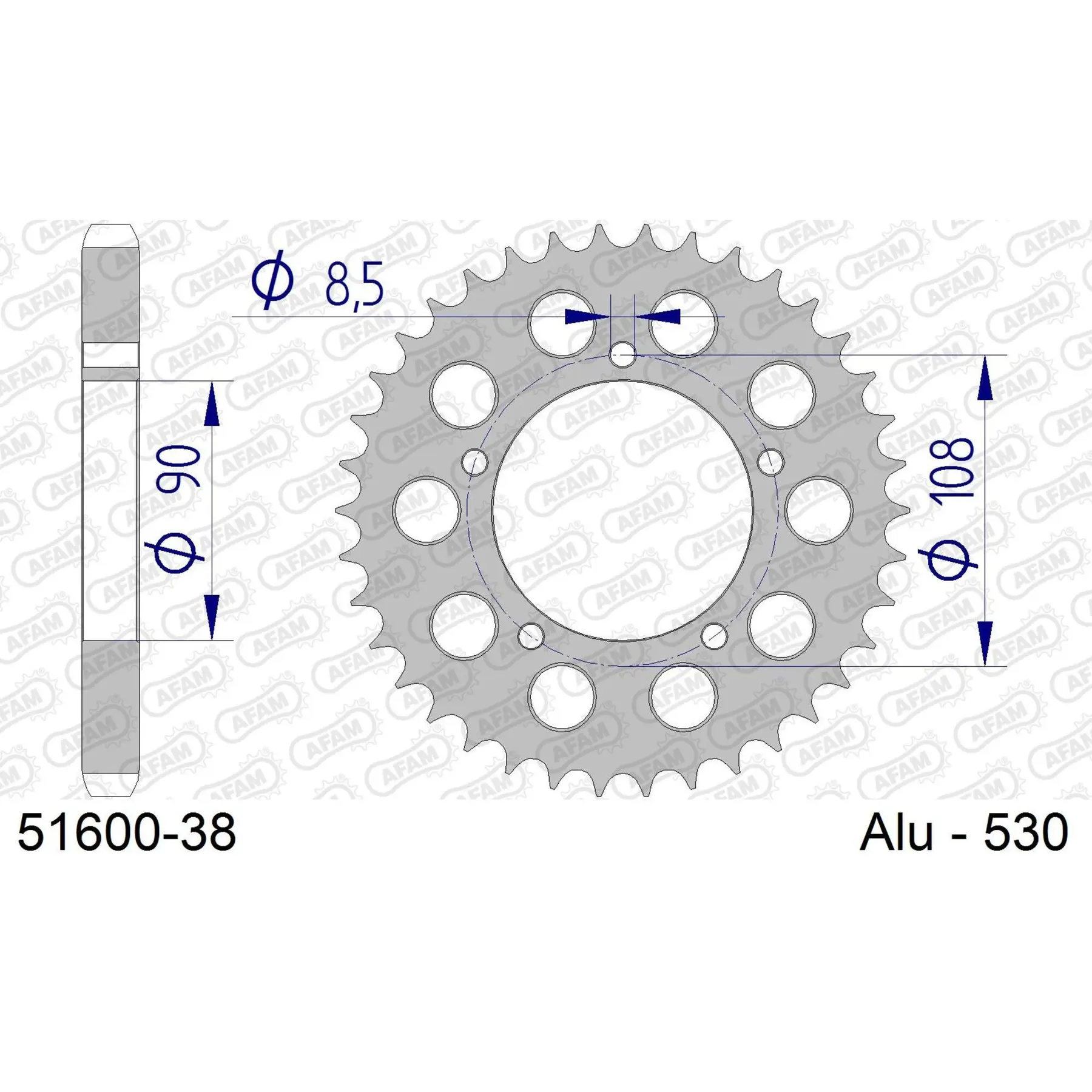 Alu-Motorradritzel hinten Afam 530 38 dents