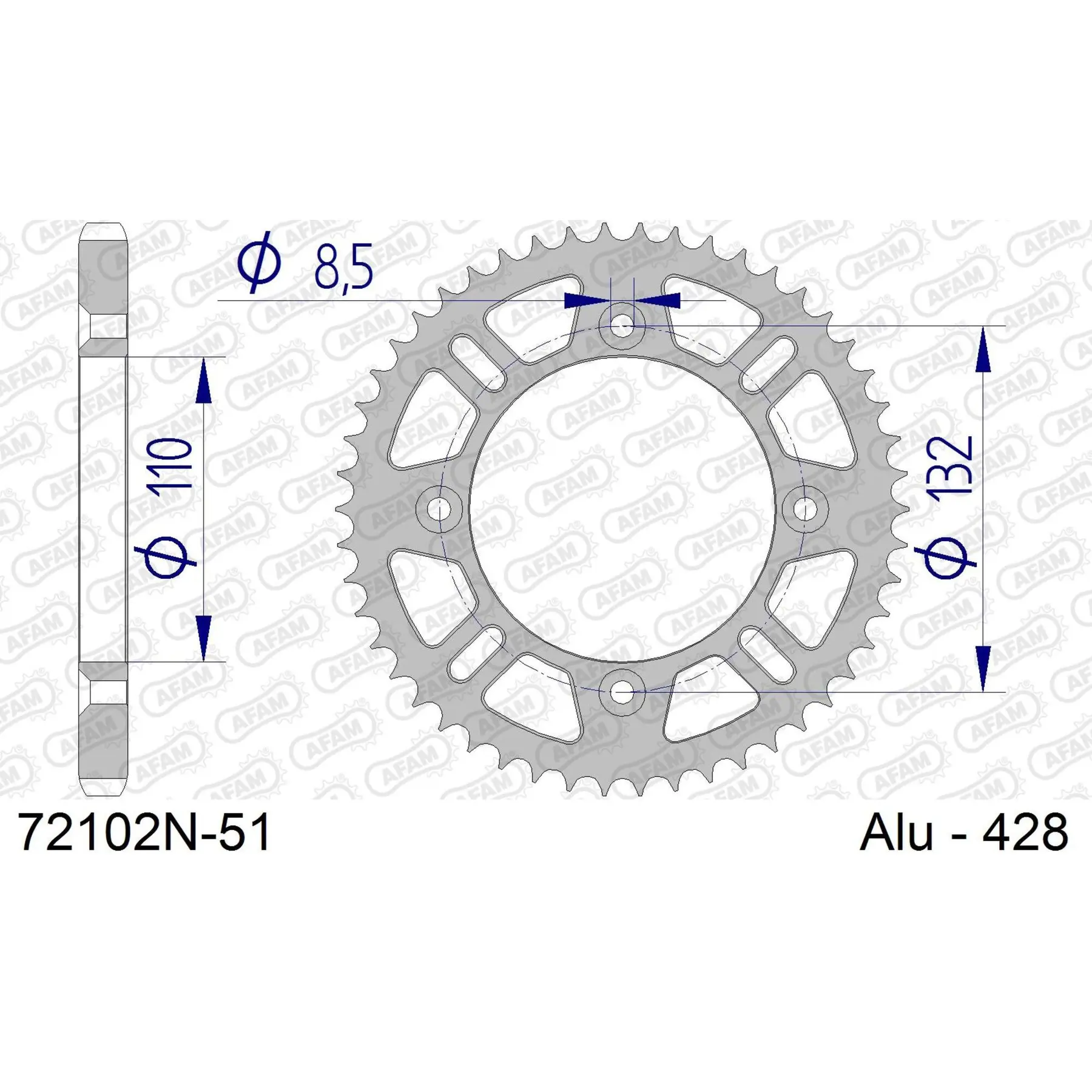 Alu-Motorradritzel hinten Afam 428 51 dents