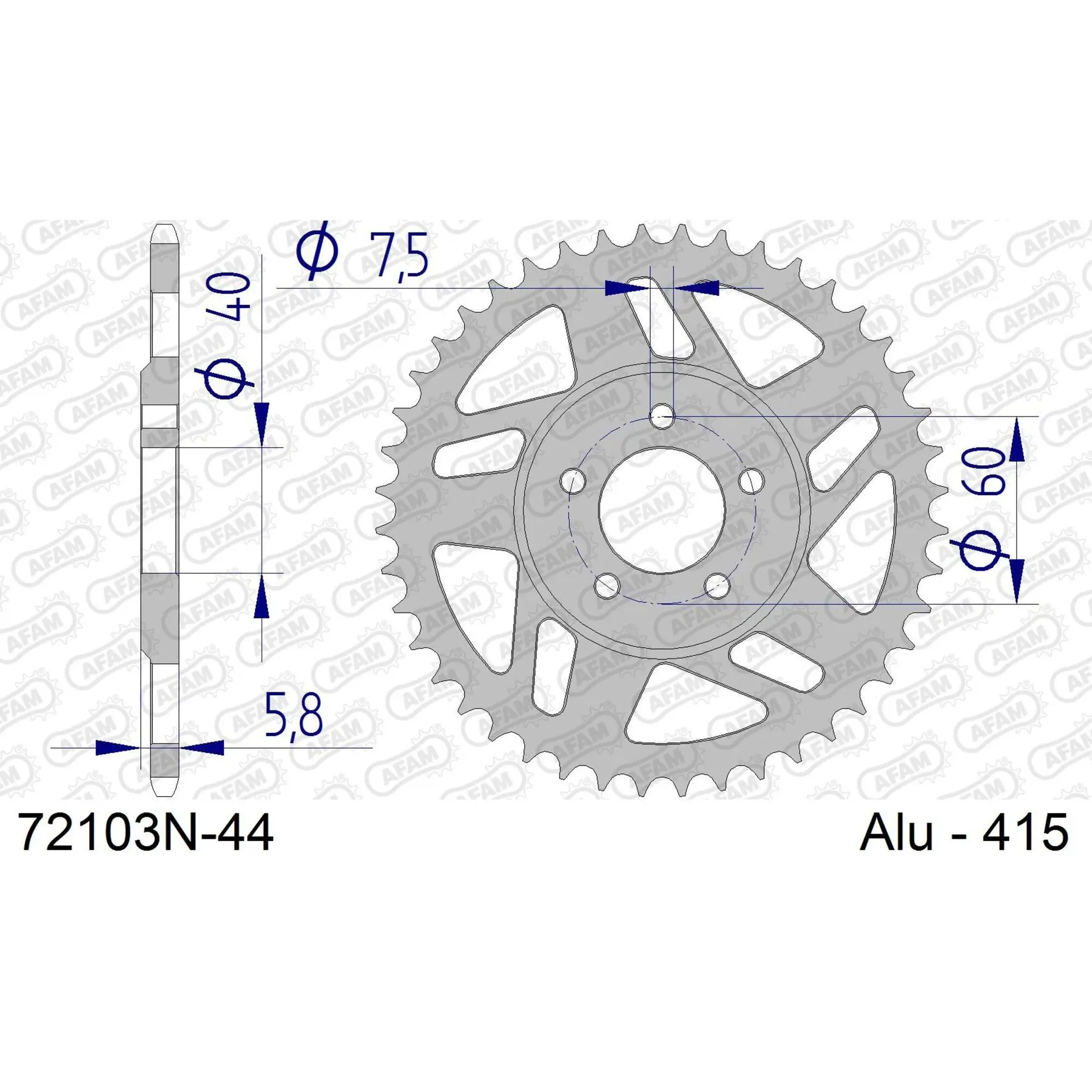 Alu-Motorradritzel hinten Afam 415 44 dents