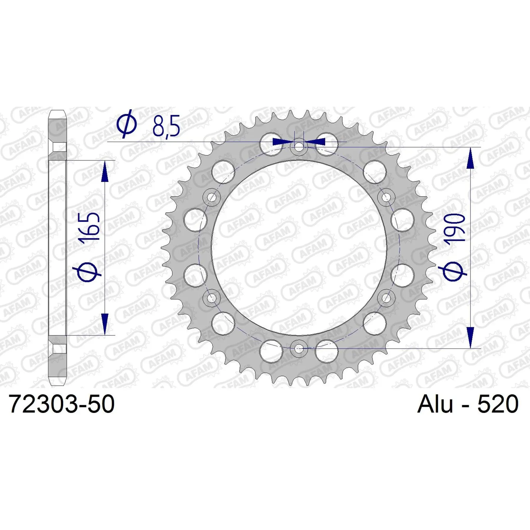 Alu-Motorradritzel hinten Afam 520 50 dents