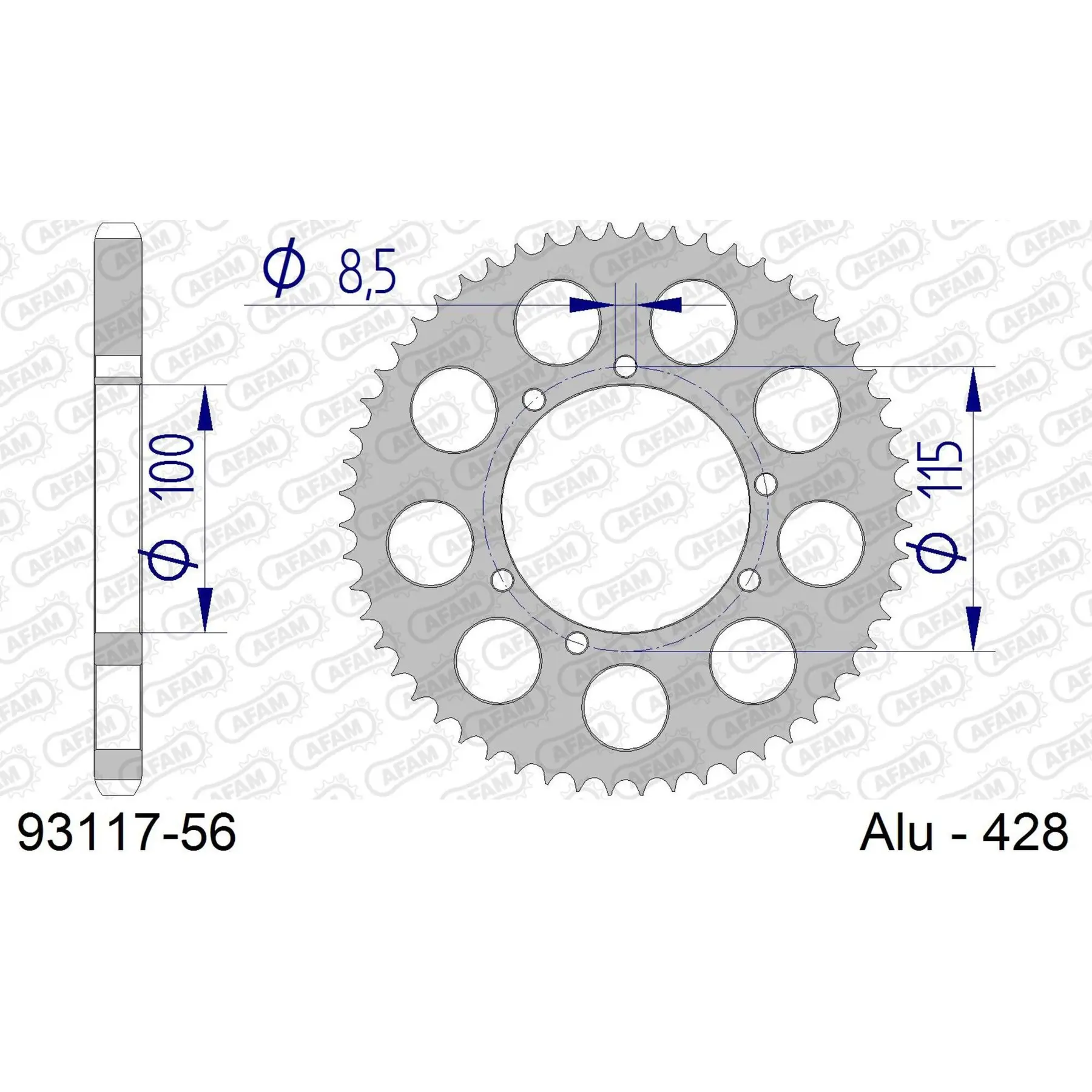 Alu-Motorradritzel hinten Afam 428 56 dents