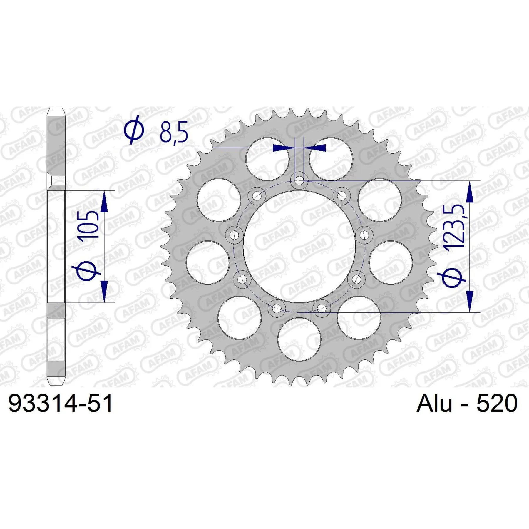 Alu-Motorradritzel hinten Afam 520 51 dents