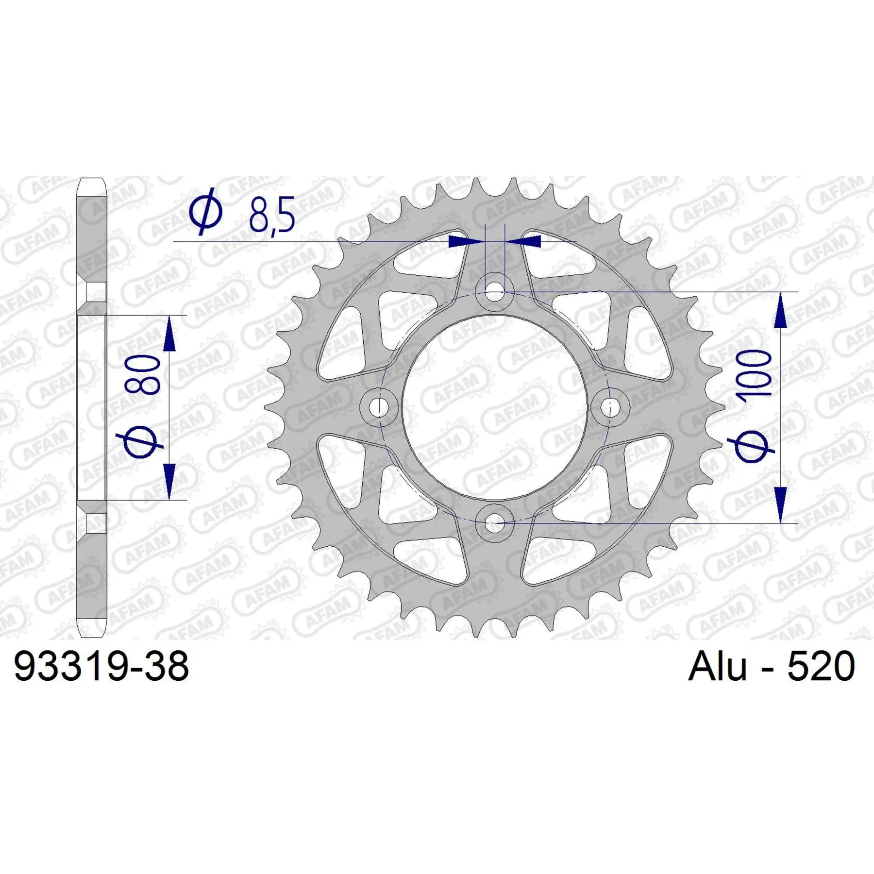 Alu-Motorradritzel hinten Afam 520 38 dents