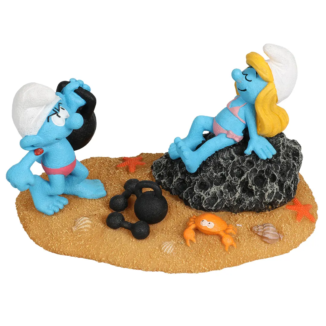 Comparer les prix de Décoration d’aquarium schtroumpfs plage schtroumpfette et bébé  Aqua Della