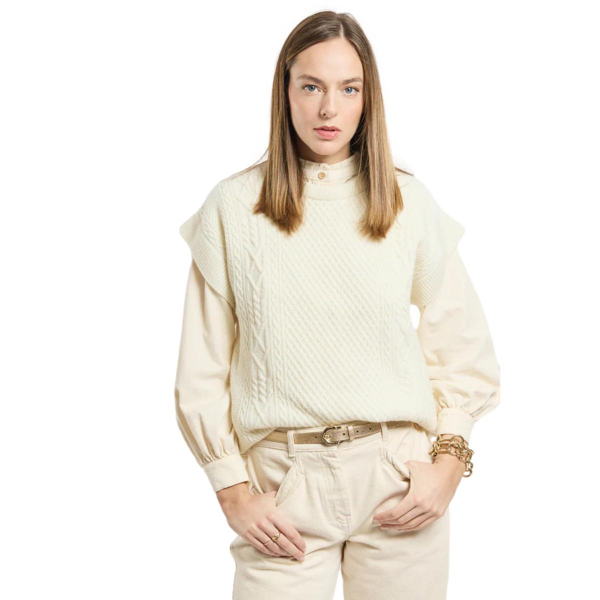 3667126428445 - Ärmelloses Rundhals-Pullover mit Zopfmuster für Damen Armor-Lux