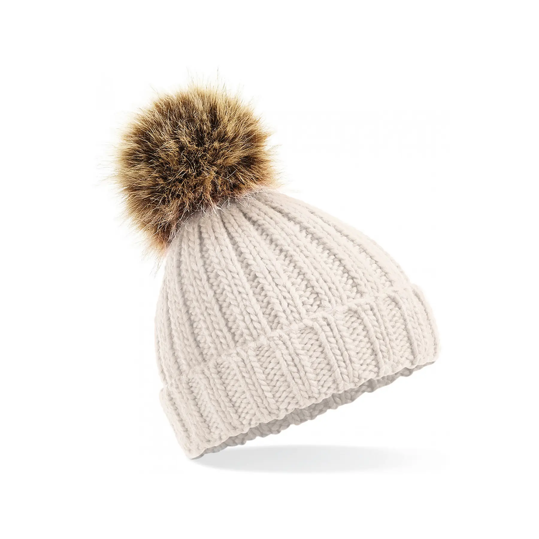 Beechfield Women's Beige Thick Faux Fur Pom Pom Beanie For