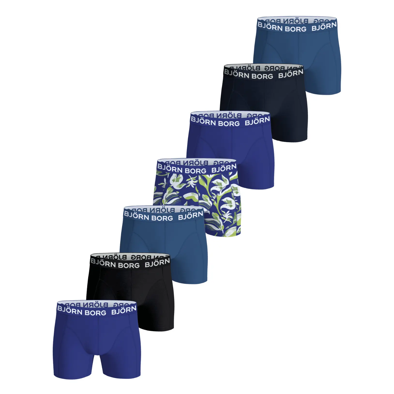 Björn Borg jongens cotton stretch 7P boxers basic leafs blauw & zwart