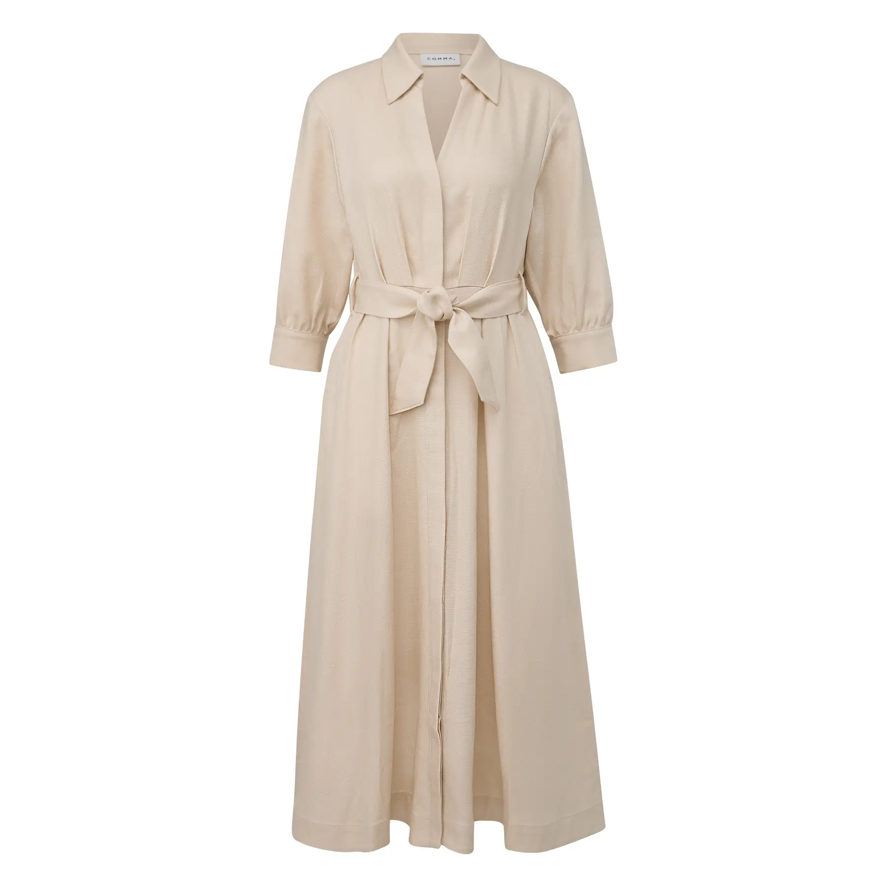 Midi Shirt Dress With 3/4 Sleeves And Faux Leather Belt For Women Comma