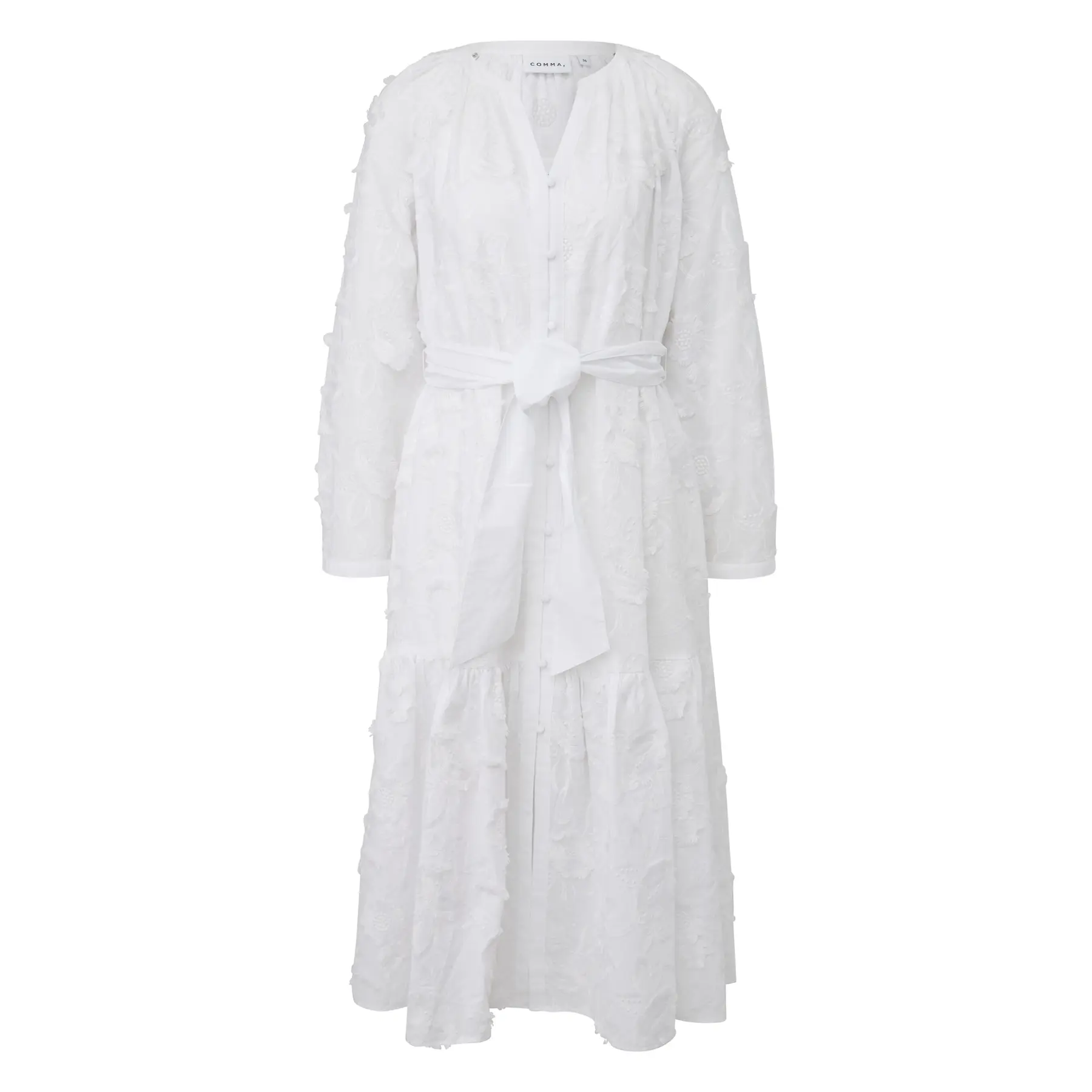 Long Sleeve Cotton Voile Dress With Belt For Women Comma