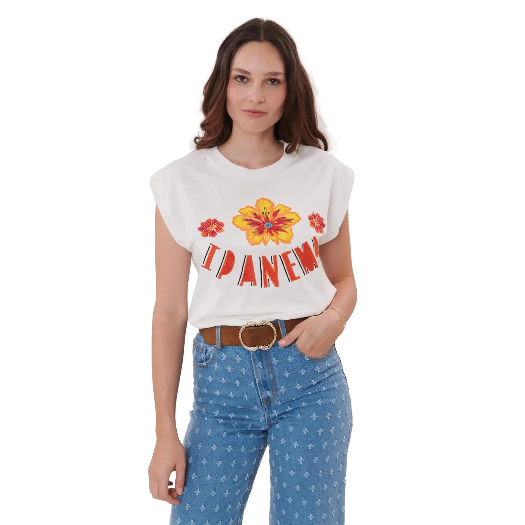 T-Shirt Mit Druck Und Bestickten Breiten Schultern Damen Derhy Katell