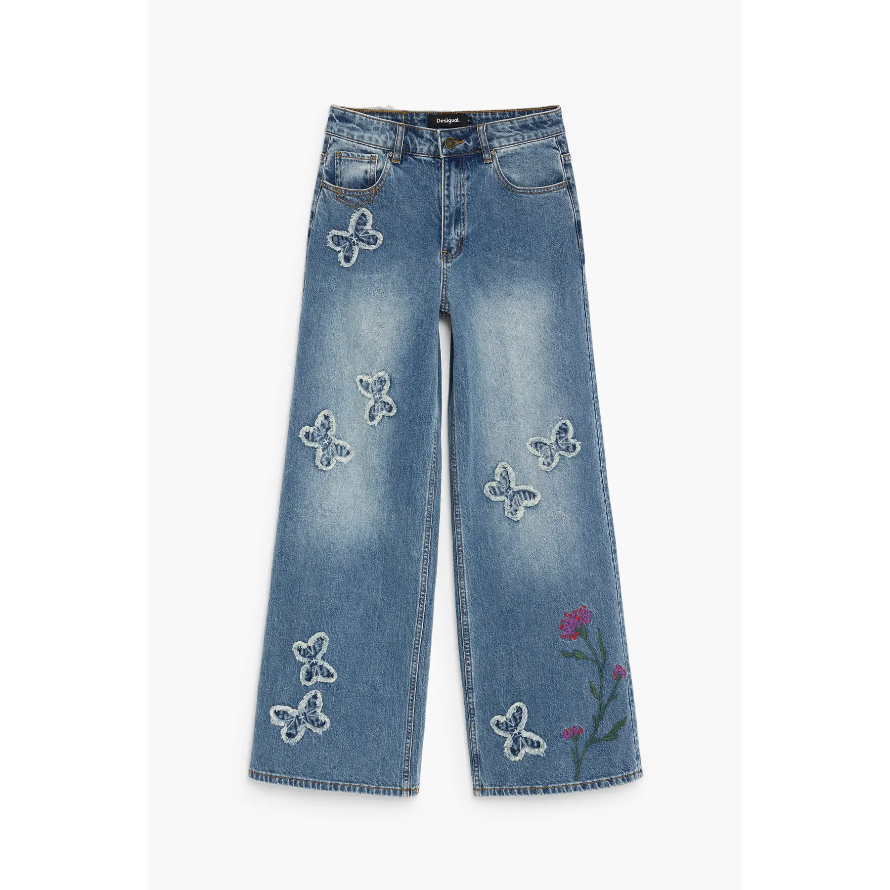 Desigual Donna Bleu Jeans A Gamba Larga Butterfly