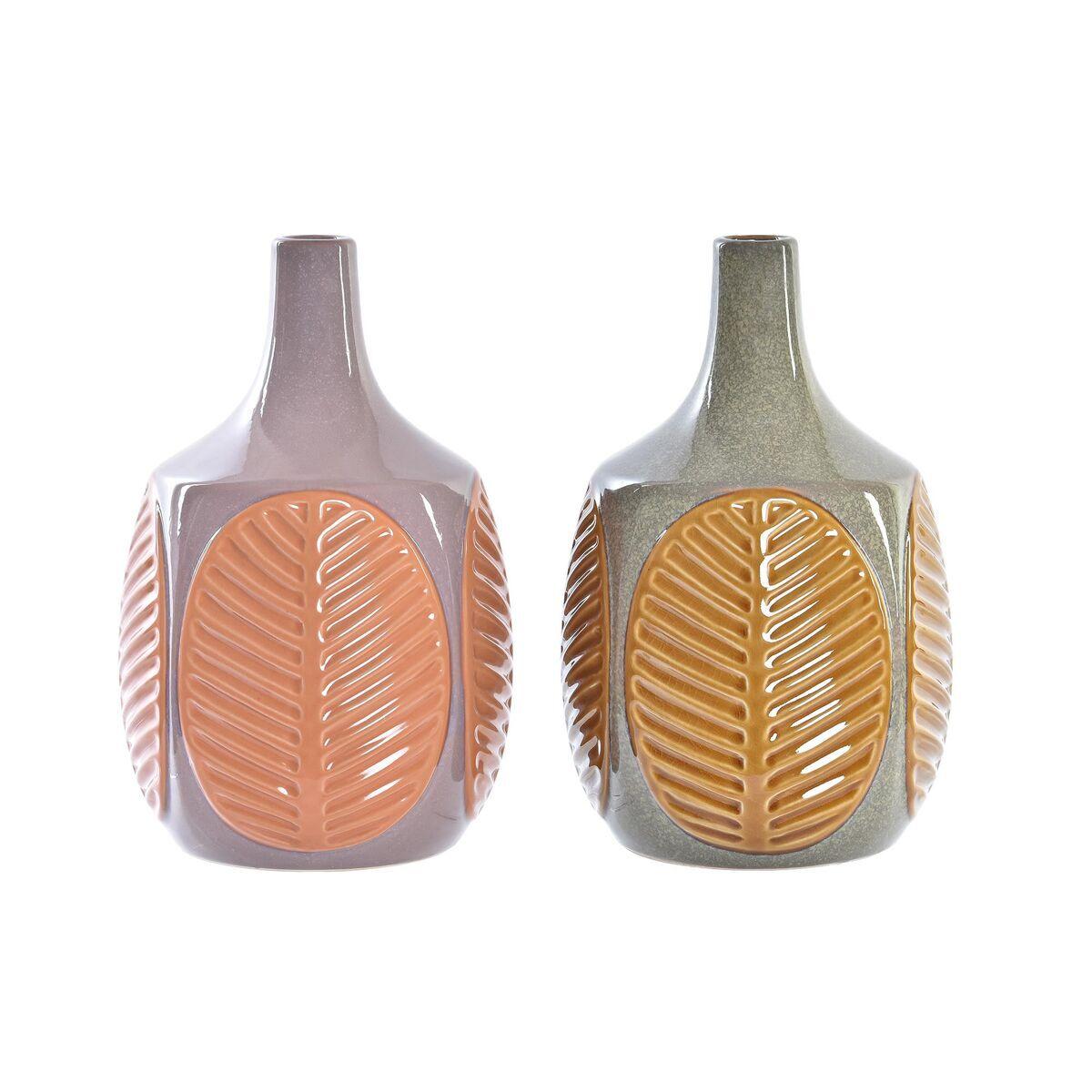 8424001887972 - Vase Braun Rosa Steingut Pflanzenblatt 17 x 17 x 26 cm (2 Stück)