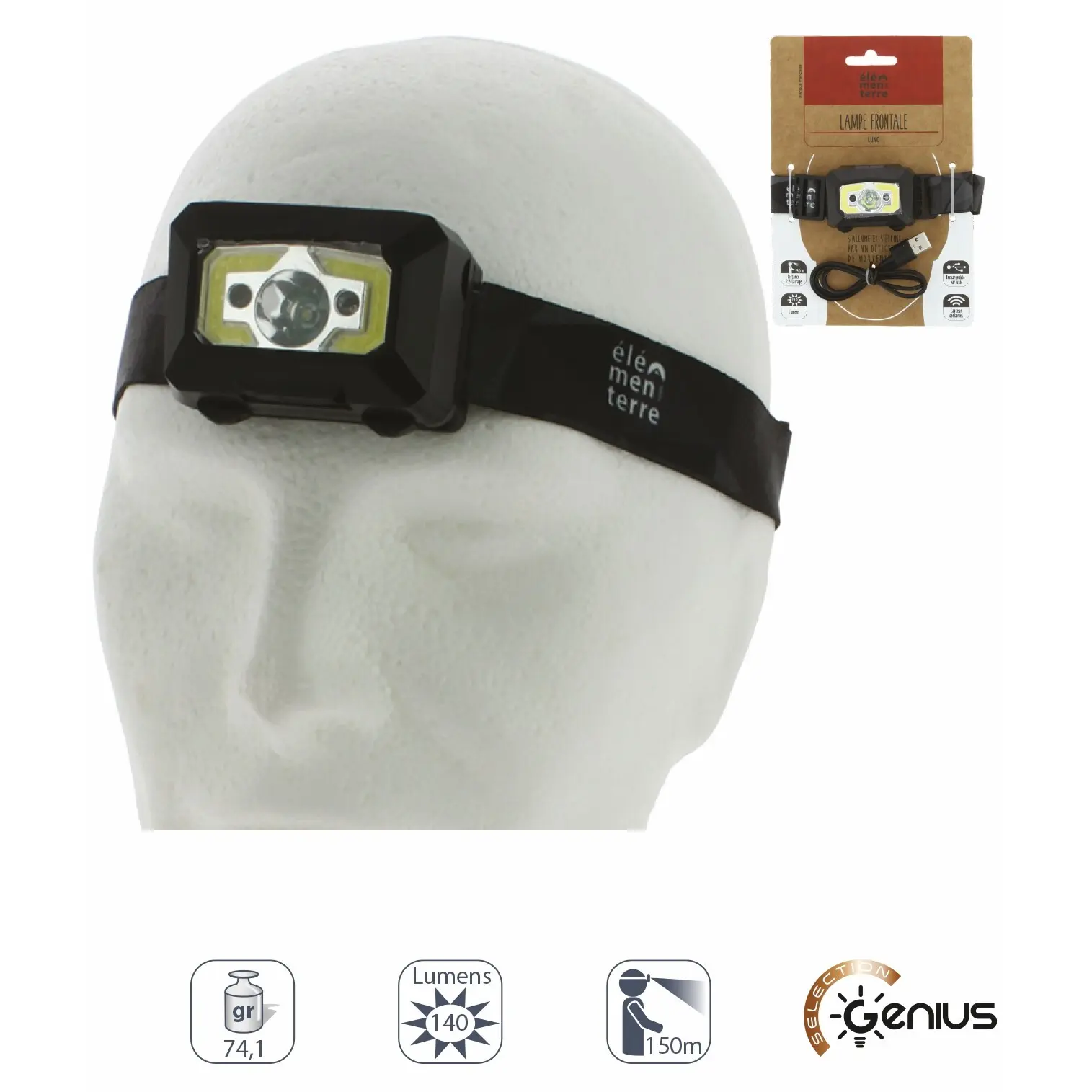 Élémenterre Unisex Noir Rechargeable Headlamp Luno