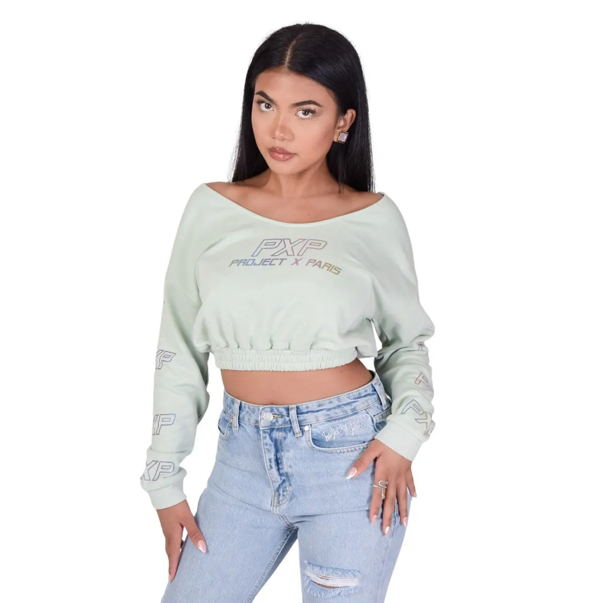 3665957090800 - Kurzes Sweatshirt mit großem irisierendem Logo am Ausschnitt für Frauen Project X Paris