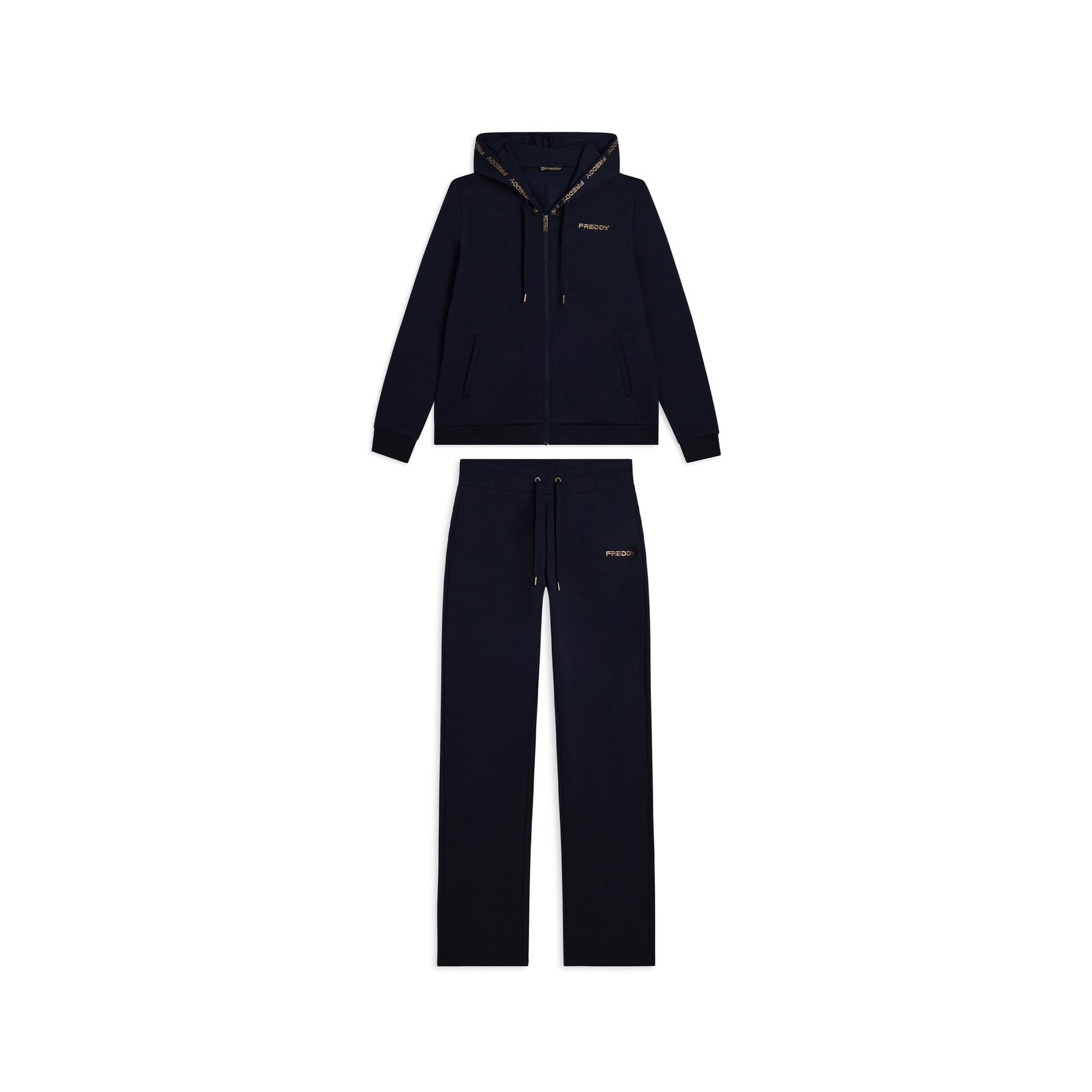 Tuta con cappuccio decorata con logo dorato contrastante donna