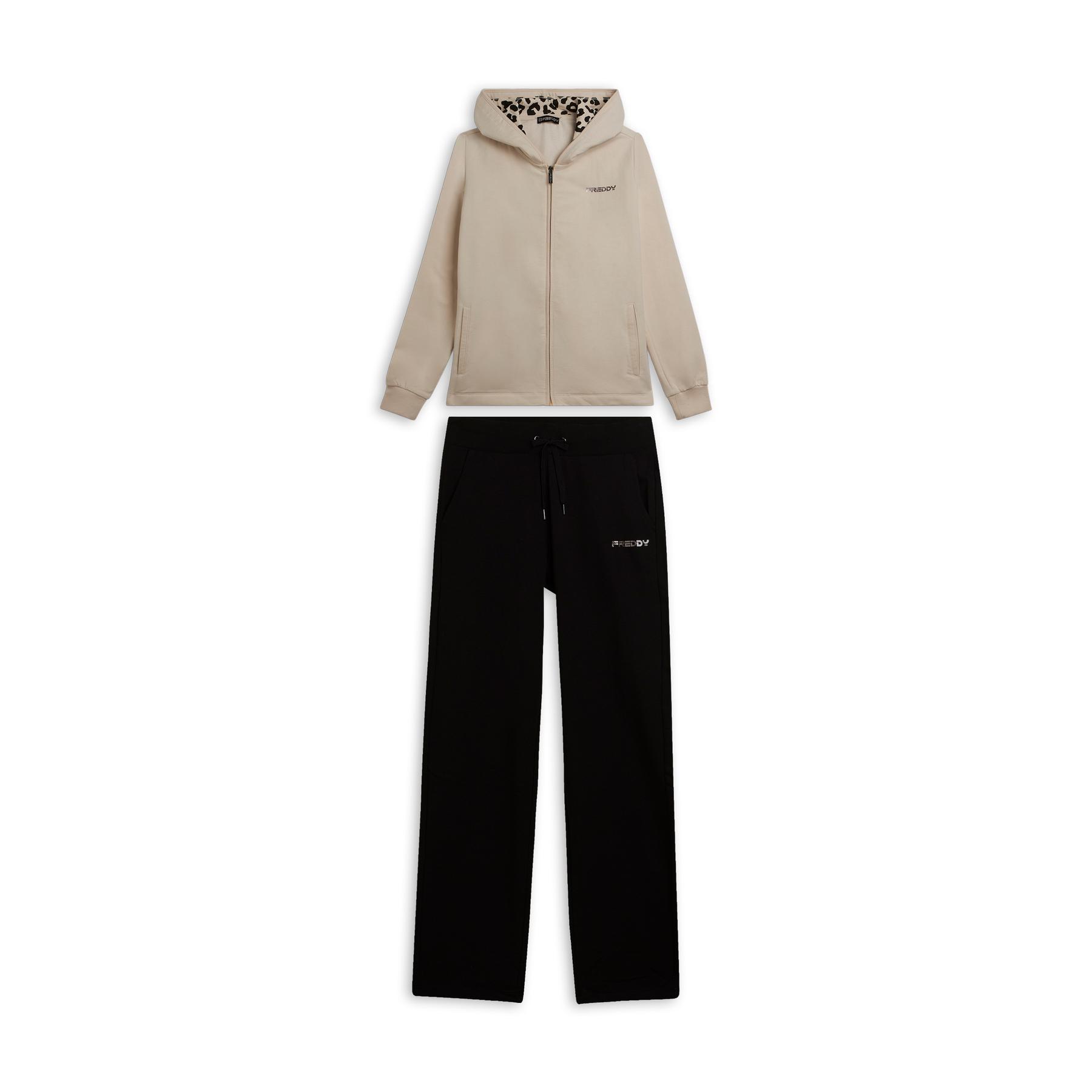 Tuta con cappuccio interno a stampa animale e fessure laterali donna