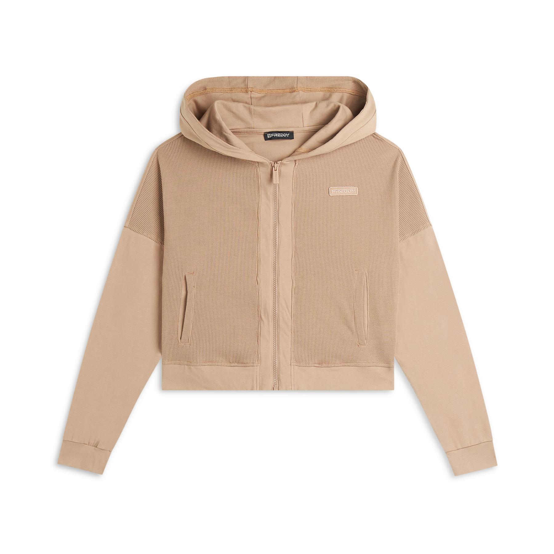 Felpa con cappuccio in jersey e tessuto a nido d'ape donna