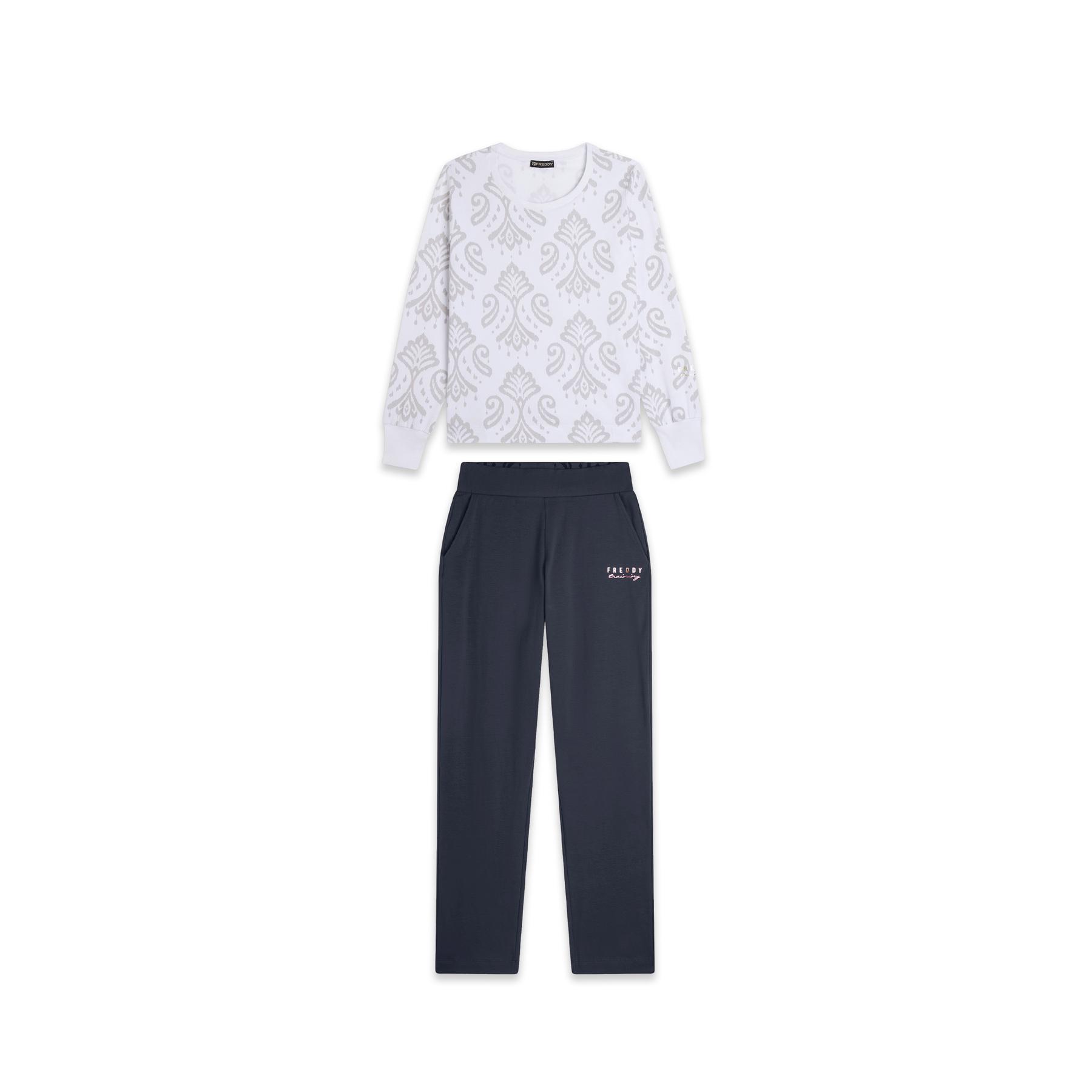 Completo tuta in jersey con felpa stampata floreale e colletto rotondo donna