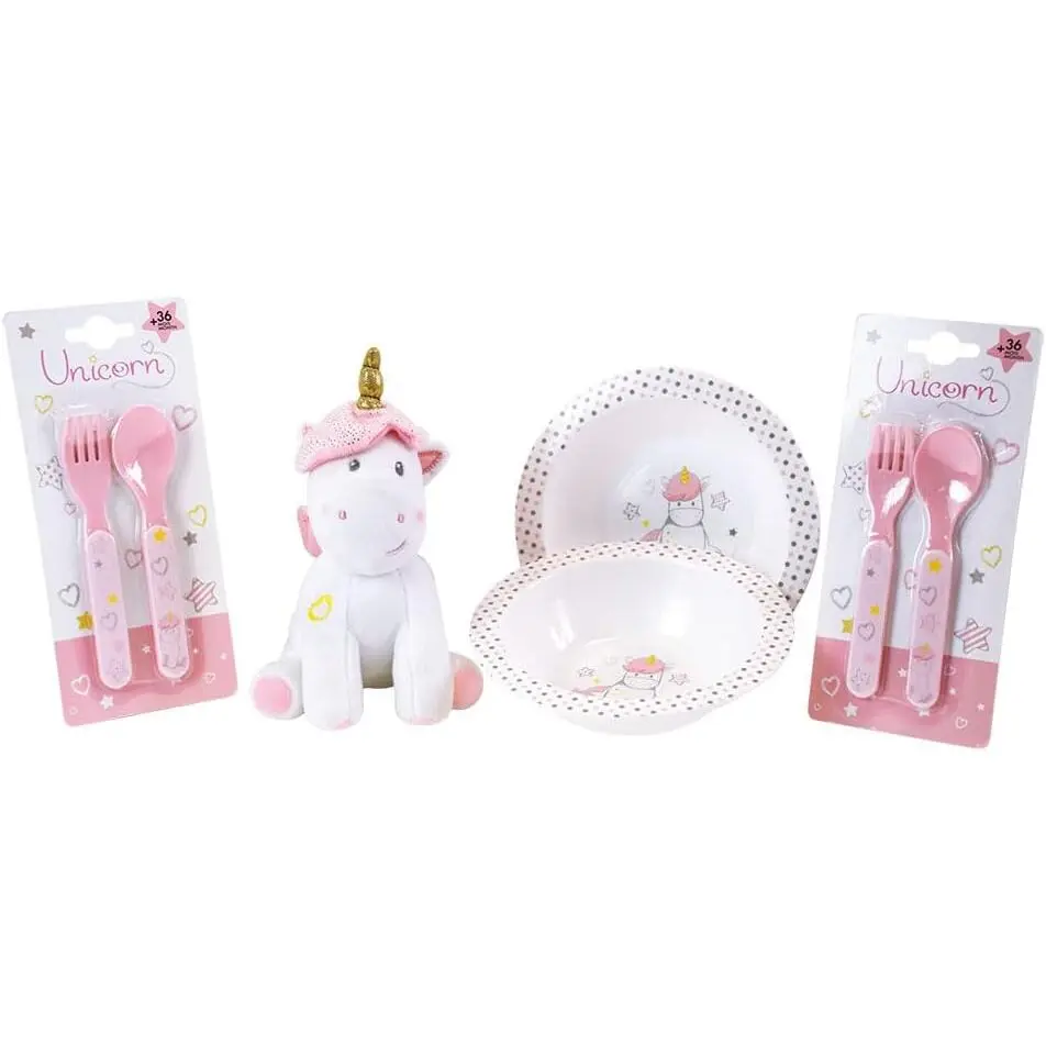 Set vaisselle, 2 assiettes creuses, 2 sets de couverts et peluche fille Fun House Licorne