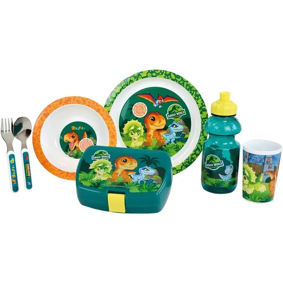 Set vaisselle verre, assiette creuse, assiette, couverts, gourde et boite goûter enfant Fun House Jurassic World