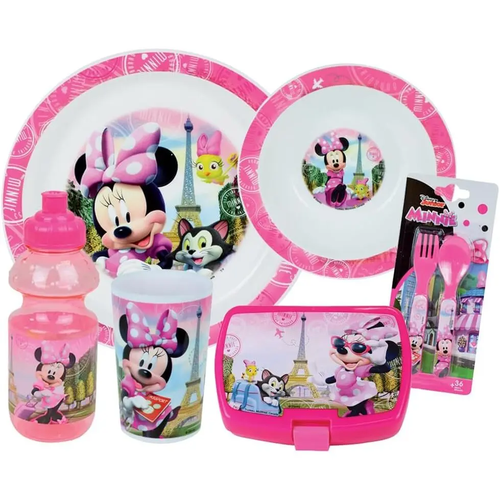 Geschirrset aus Glas, tiefer Teller, Teller, Besteck, Flasche, Pausenbox für Mädchen Fun House Disney Minnie