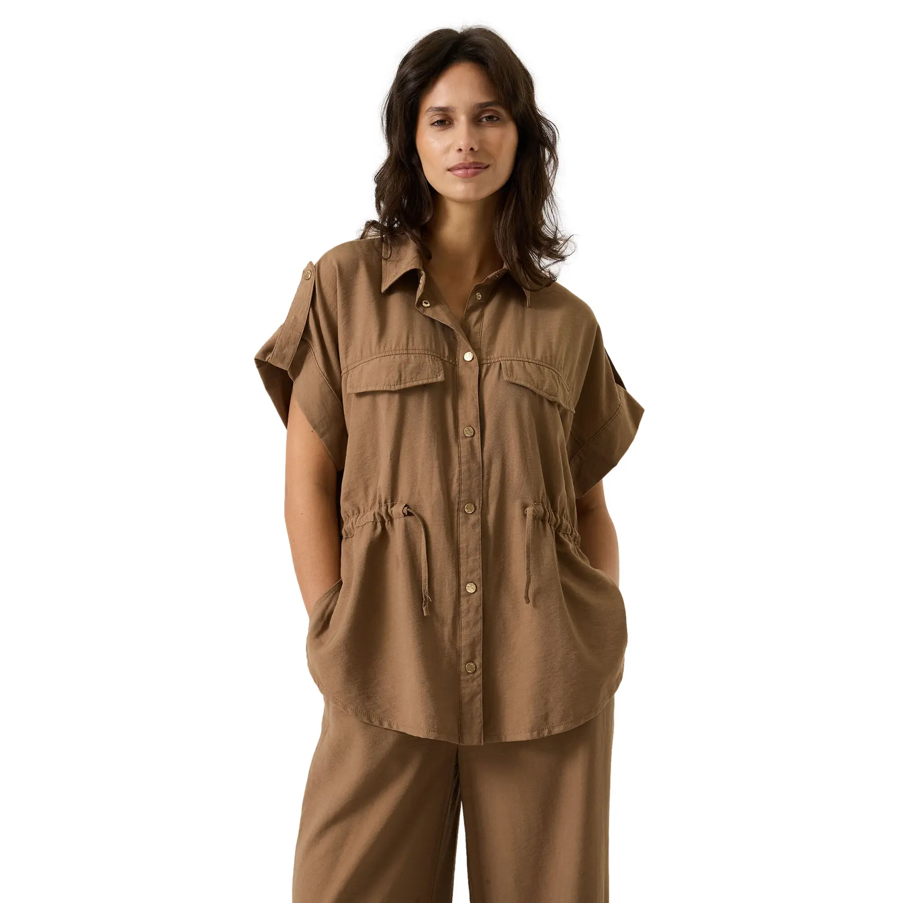 Camicia a maniche corte con coulisse in vita donna