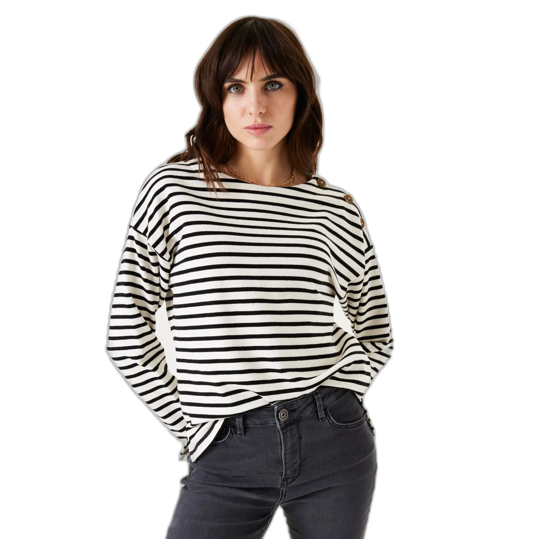 Pull a righe con bottoni decorativi donna
