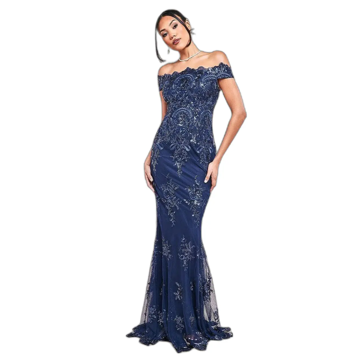 Embroidered Sequin Bardot Maxi Dress Women Goddiva