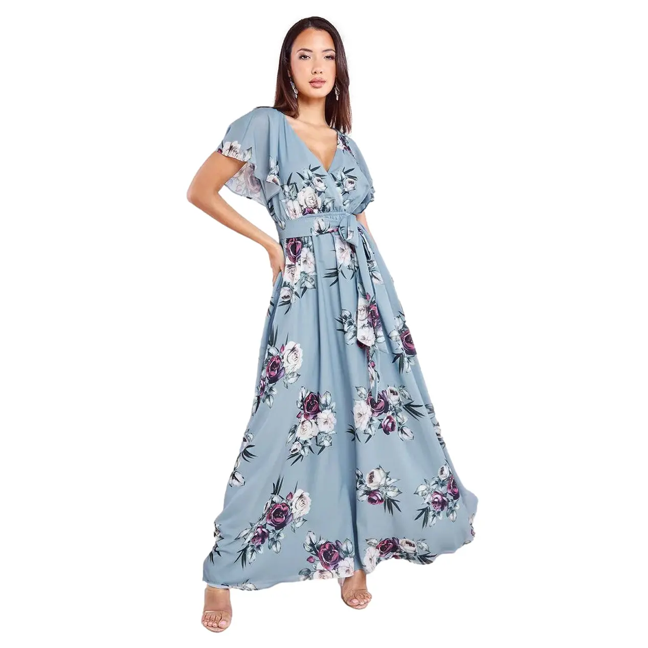 Image of Flatterndes Druckkleid mit Schmetterlingsärmeln für Damen Goddiva Maxi