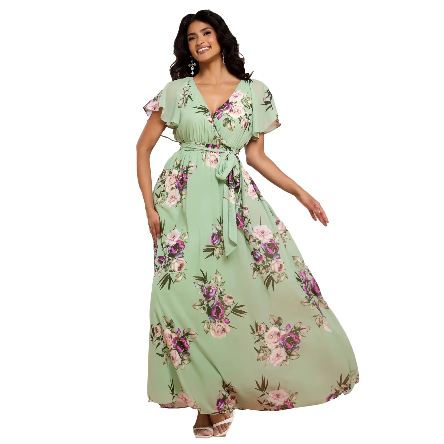 Goddiva Women's Vert Butterfly Sleeve Wrap Dress Maxi