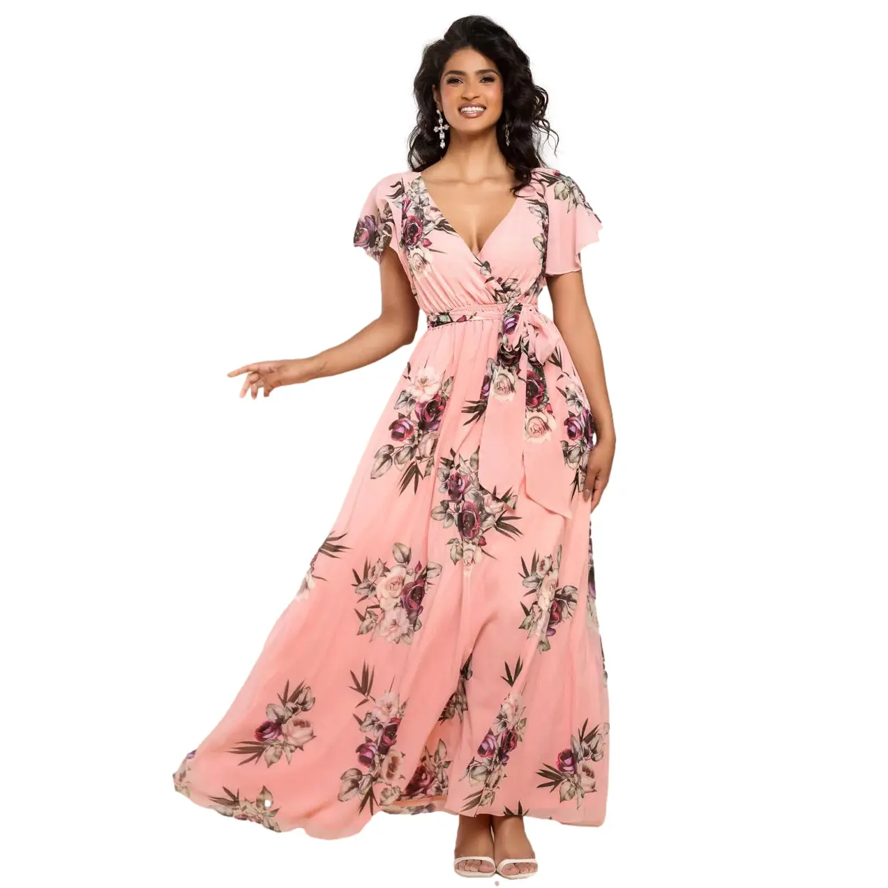 Flatterndes Druckkleid mit Schmetterlingsärmeln für Damen Goddiva Maxi