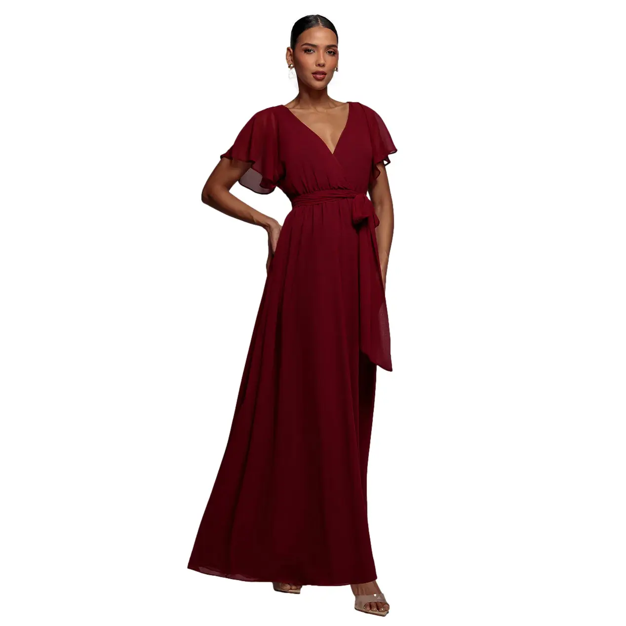 Image of Schmetterlingsärmel Chiffon Wickelkleid Damen Goddiva Maxi