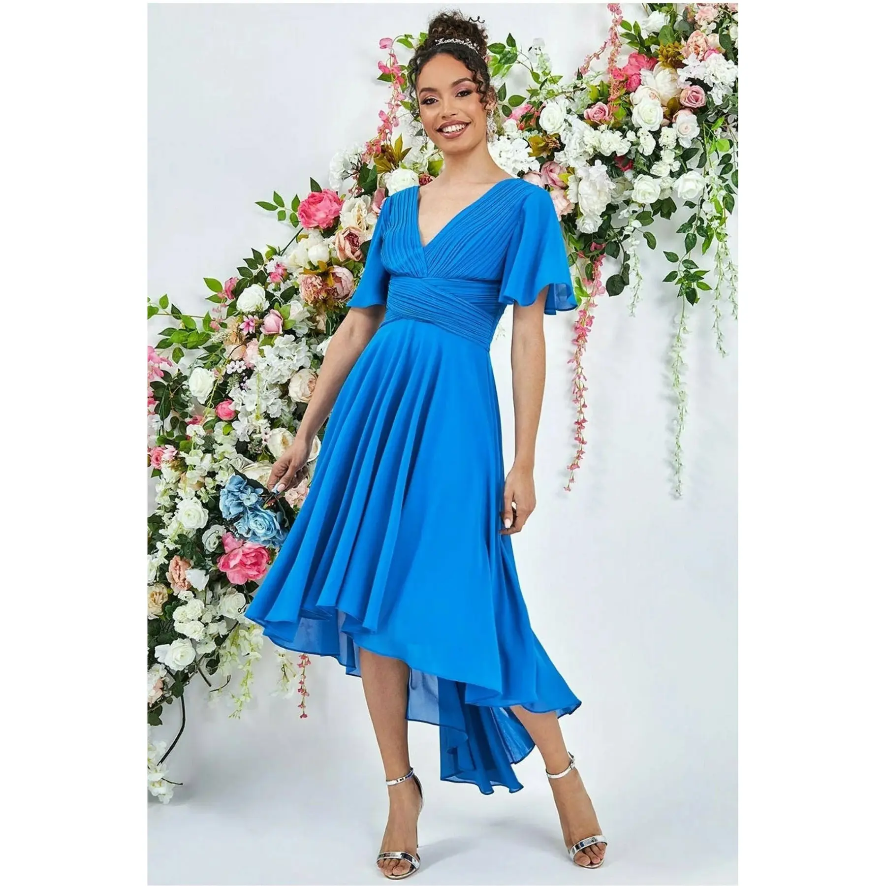 Asymmetrical Pleated Midi Chiffon Dress Women Goddiva