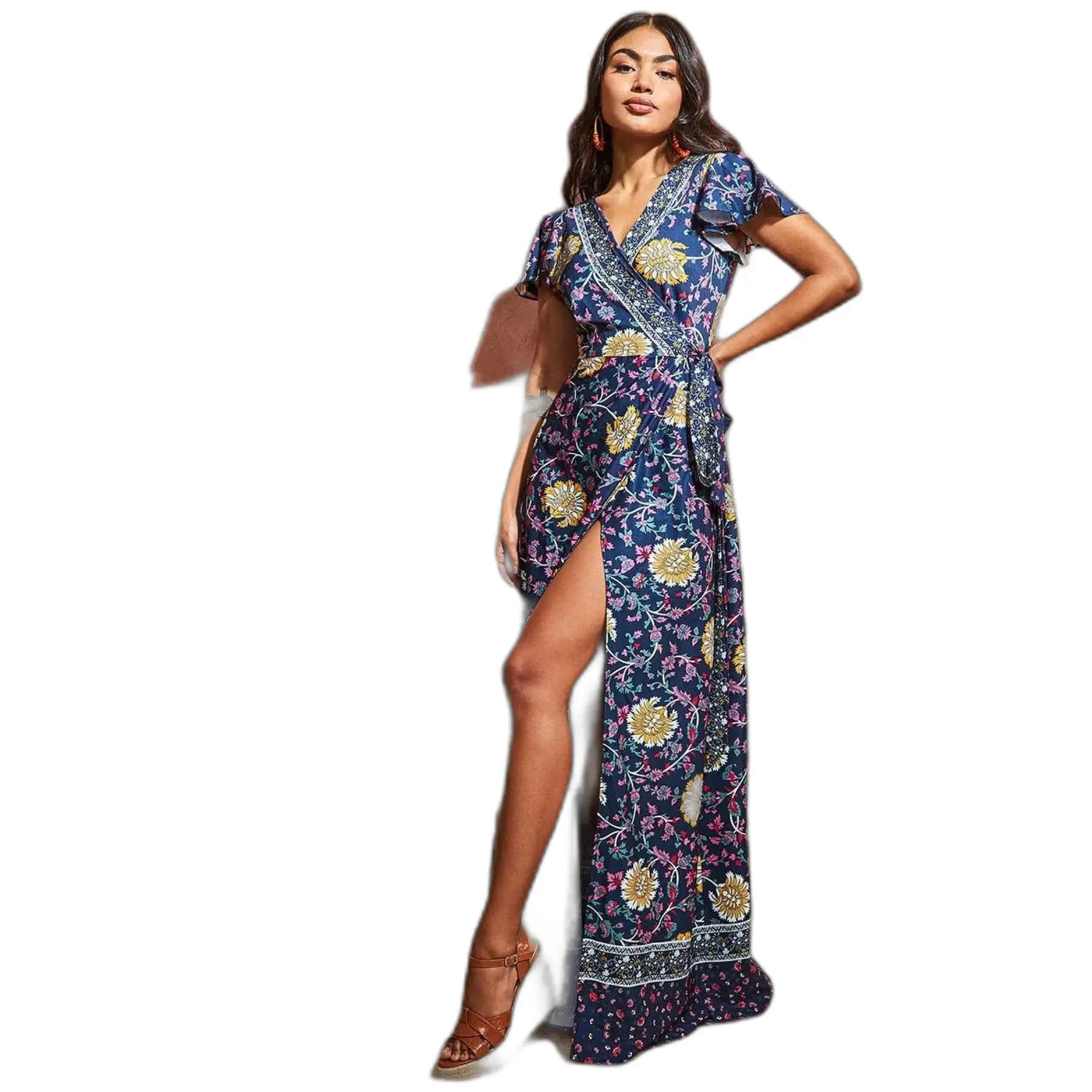 Robe lunga stampata floreale maniche a farfalla donna
