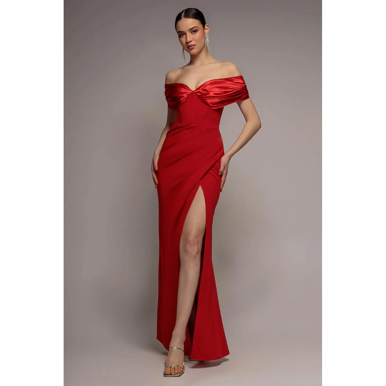 Women's dress Goddiva Satin & Scuba Off The Shoulder