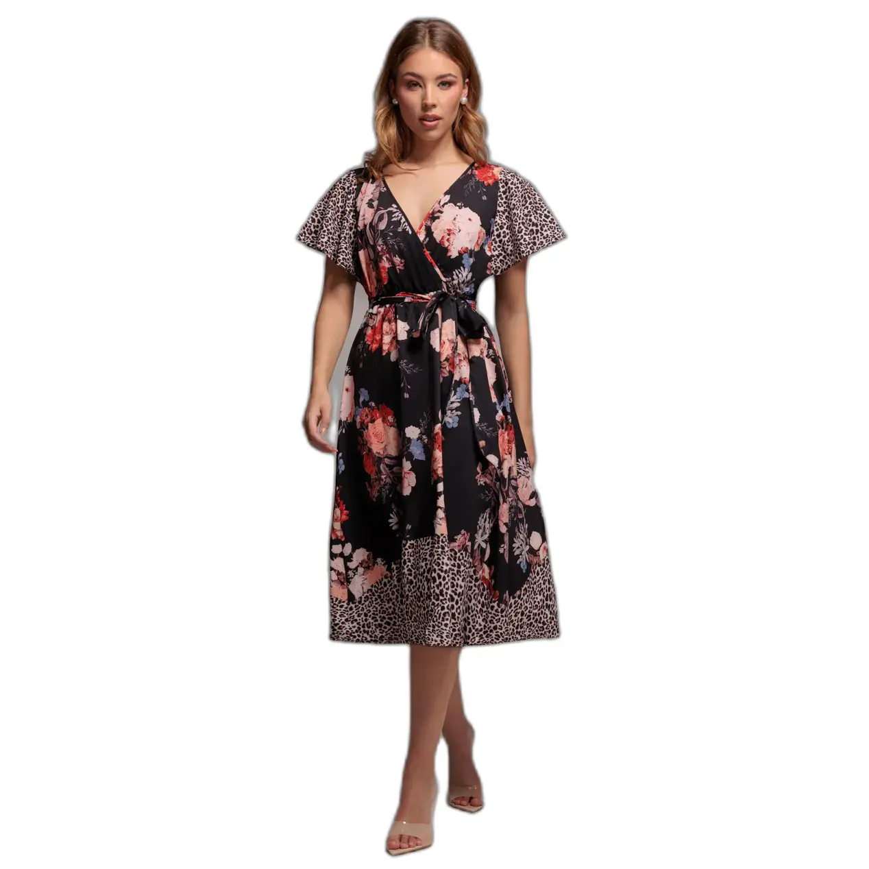 Robe midi stampata a maniche a farfalla donna